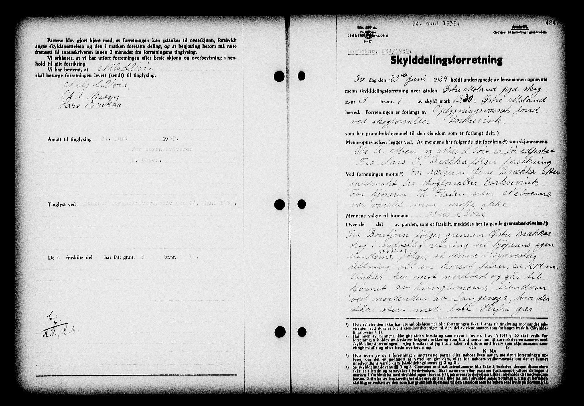 Nedenes sorenskriveri, SAK/1221-0006/G/Gb/Gba/L0046: Pantebok nr. 42, 1938-1939, Dagboknr: 634/1939