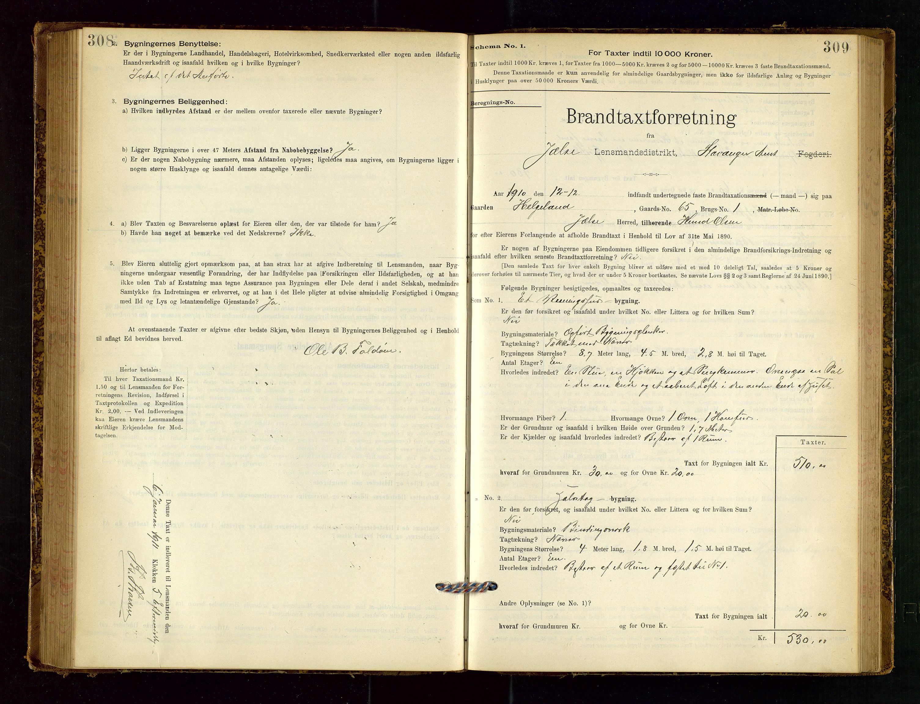 Jelsa lensmannskontor, SAST/A-100360/Gob/L0001: "Brandtaxationsprotocol", 1895-1918, s. 308-309