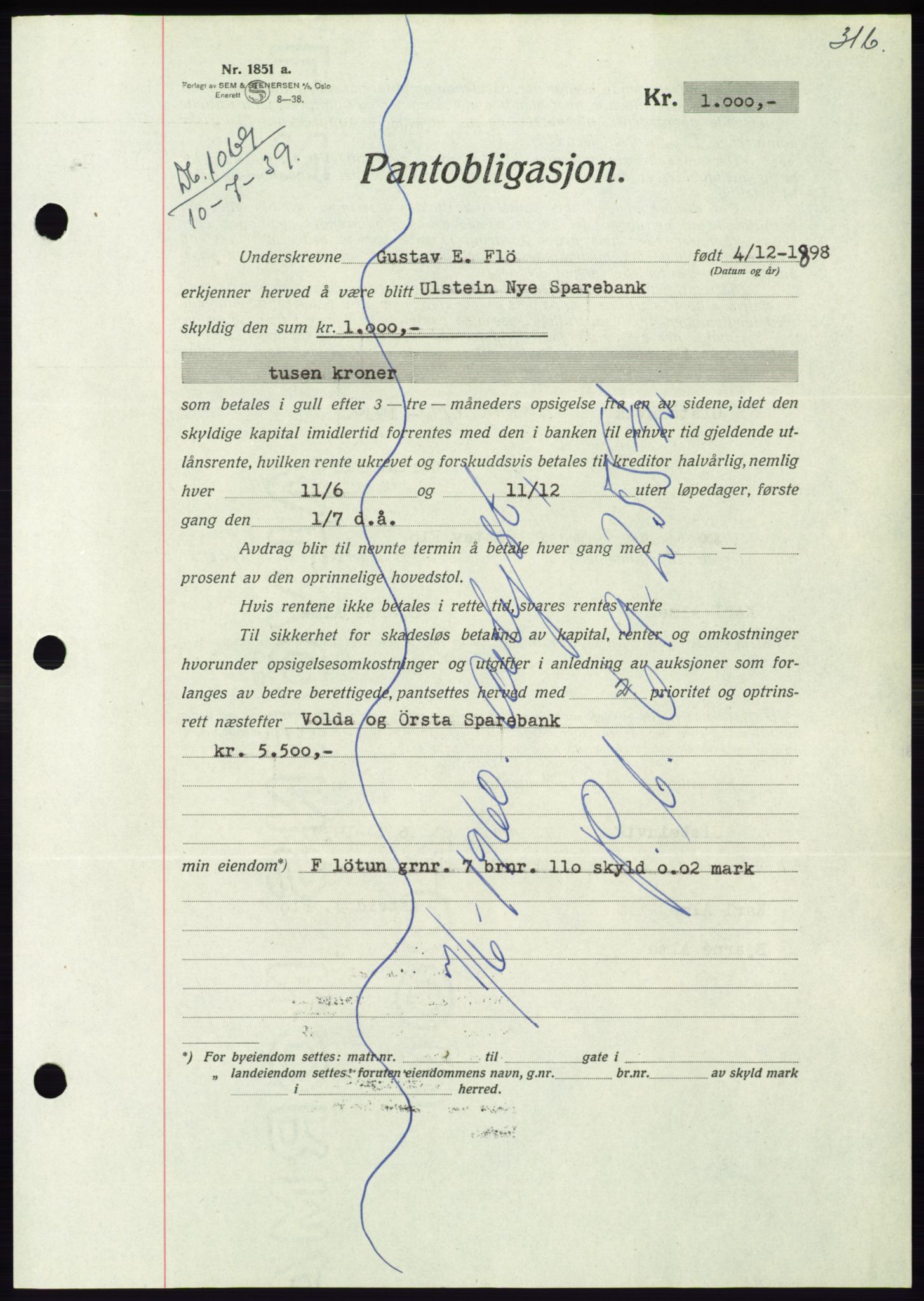 Søre Sunnmøre sorenskriveri, AV/SAT-A-4122/1/2/2C/L0068: Pantebok nr. 62, 1939-1939, Dagboknr: 1069/1939