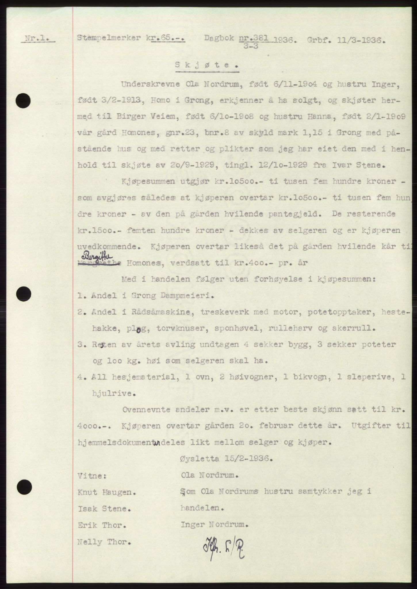 Namdal sorenskriveri, AV/SAT-A-4133/1/2/2C: Pantebok nr. -, 1935-1936, Tingl.dato: 03.03.1936