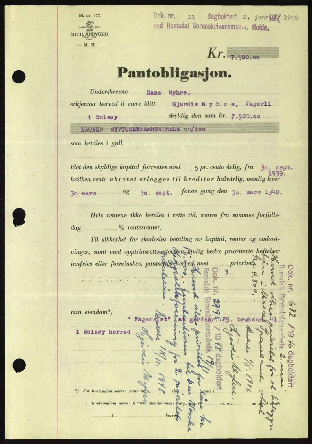 Romsdal sorenskriveri, AV/SAT-A-4149/1/2/2C: Pantebok nr. B2, 1939-1945, Dagboknr: 11/1940