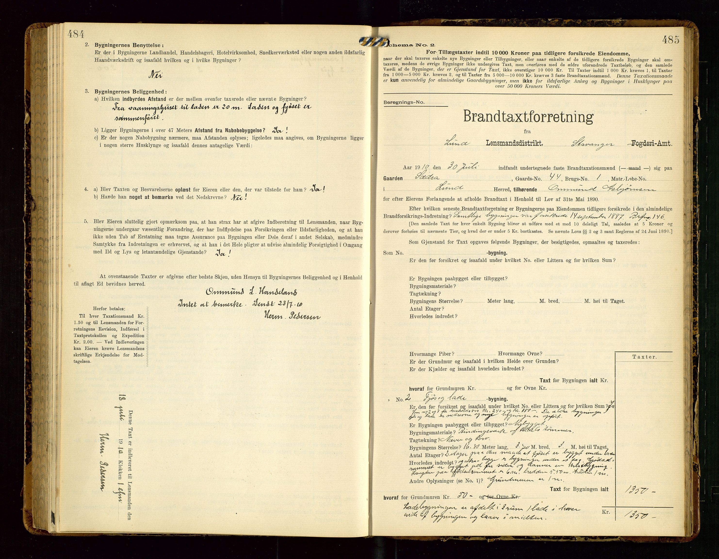 Lund lensmannskontor, AV/SAST-A-100303/Gob/L0002: "Brandtakstprotokol", 1908-1918, s. 484-485