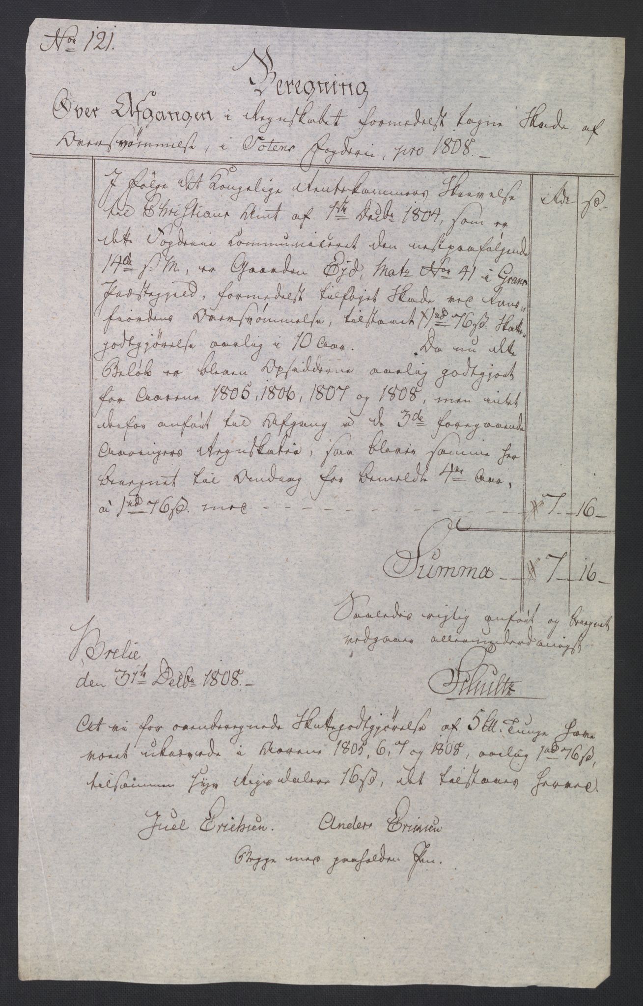 Rentekammeret inntil 1814, Reviderte regnskaper, Fogderegnskap, AV/RA-EA-4092/R19/L1396: Fogderegnskap Toten, Hadeland og Vardal, 1808, s. 475
