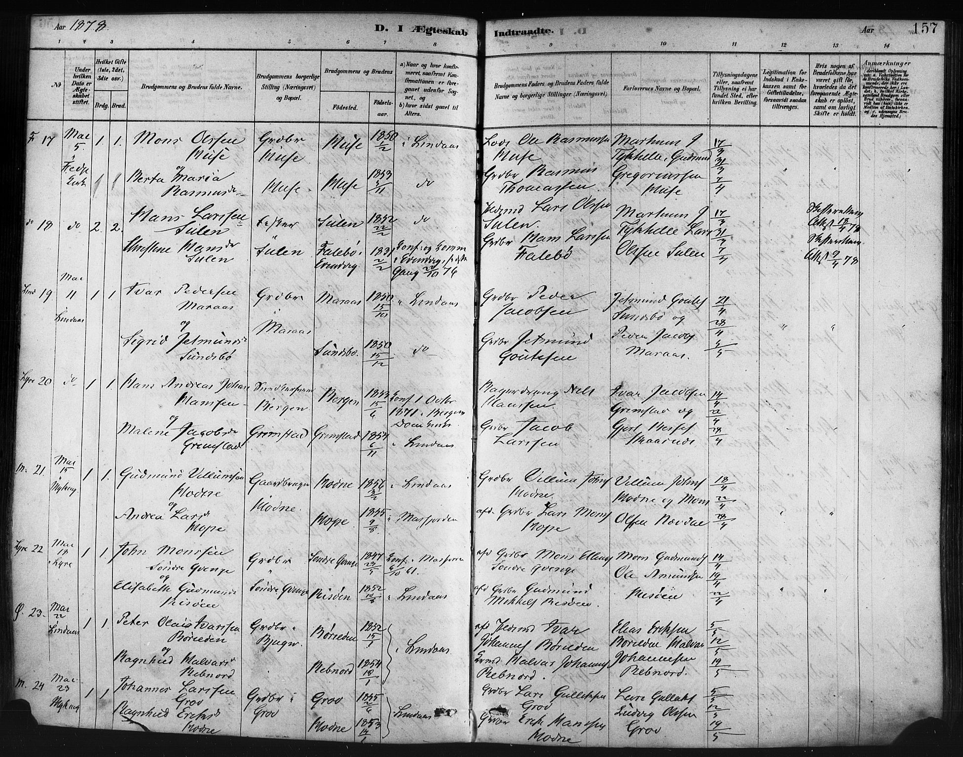 Lindås Sokneprestembete, AV/SAB-A-76701/H/Haa/Haaa/L0019: Ministerialbok nr. A 19, 1878-1912, s. 157