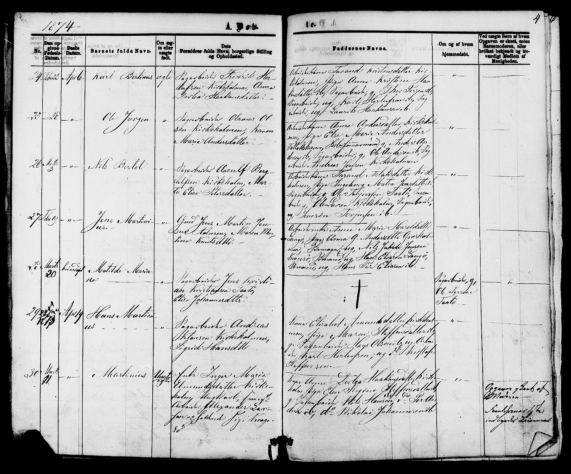 Skåtøy kirkebøker, AV/SAKO-A-304/F/Fa/L0001: Ministerialbok nr. I 1, 1874-1883, s. 4
