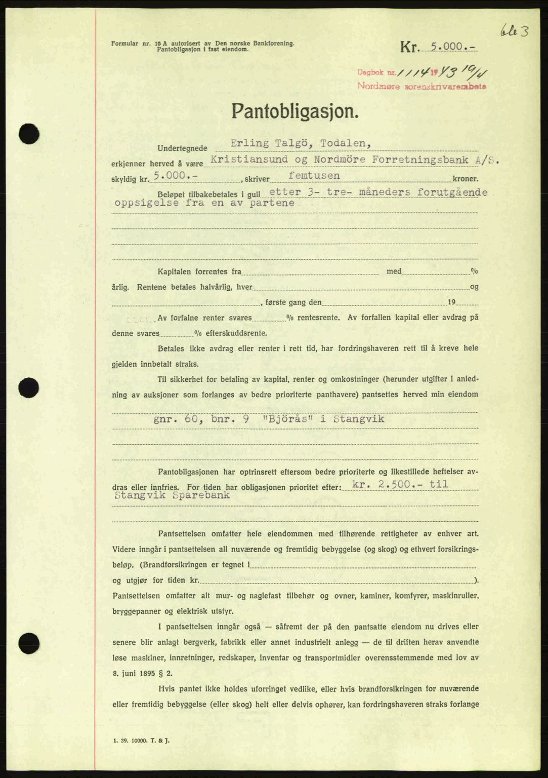 Nordmøre sorenskriveri, SAT/A-4132/1/2/2Ca: Pantebok nr. B90, 1942-1943, Dagboknr: 1114/1943