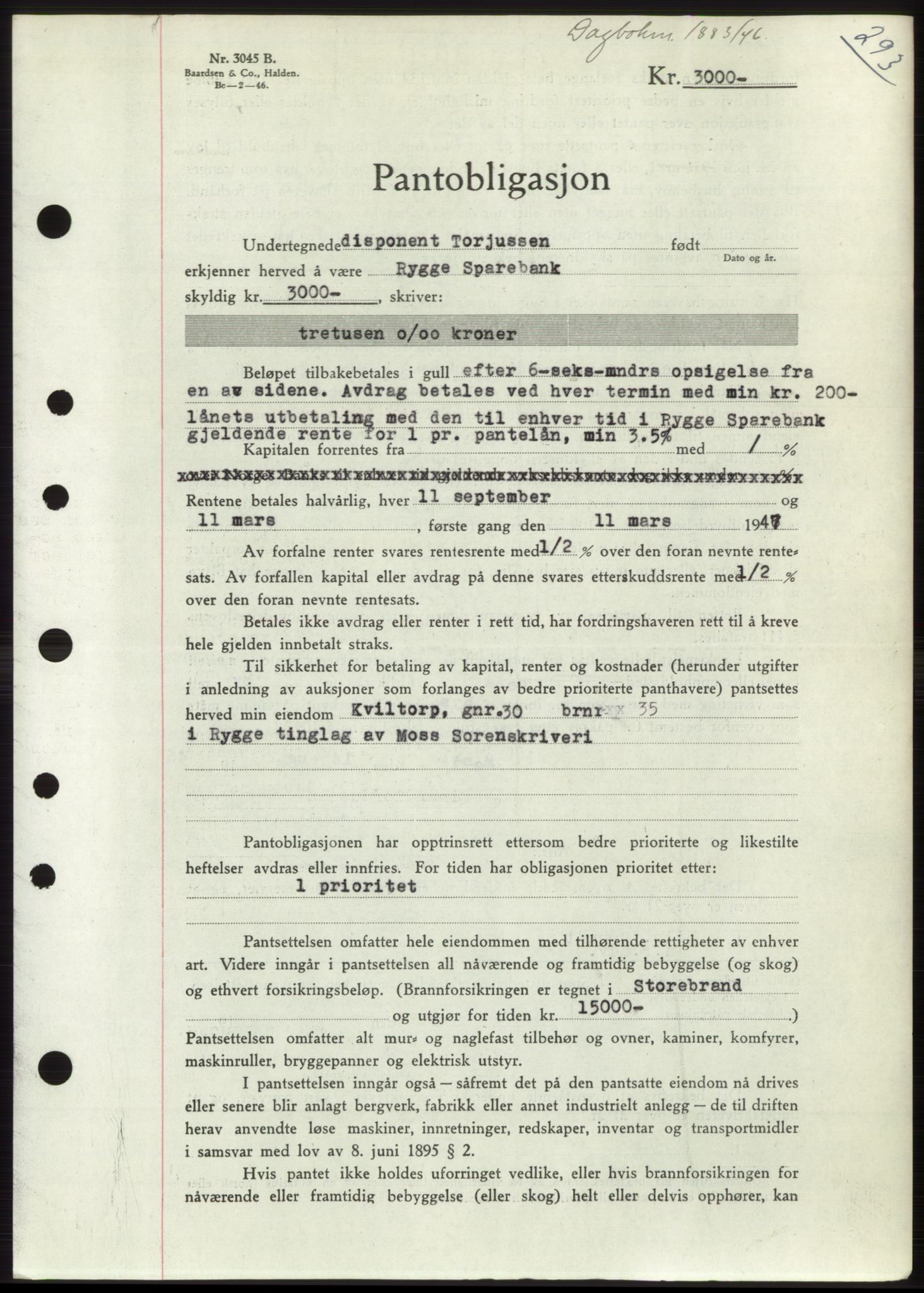 Moss sorenskriveri, SAO/A-10168: Pantebok nr. B15, 1946-1946, Dagboknr: 1883/1946