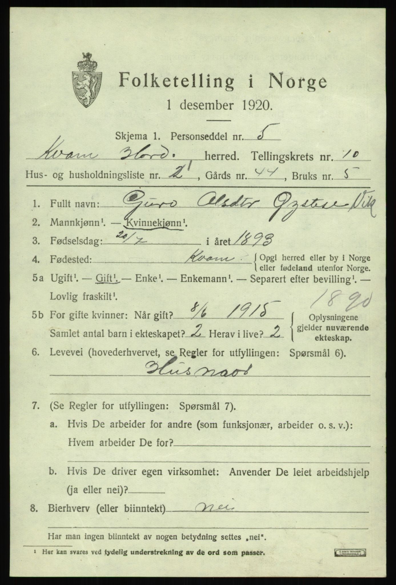 SAB, Folketelling 1920 for 1238 Kvam herred, 1920, s. 6329