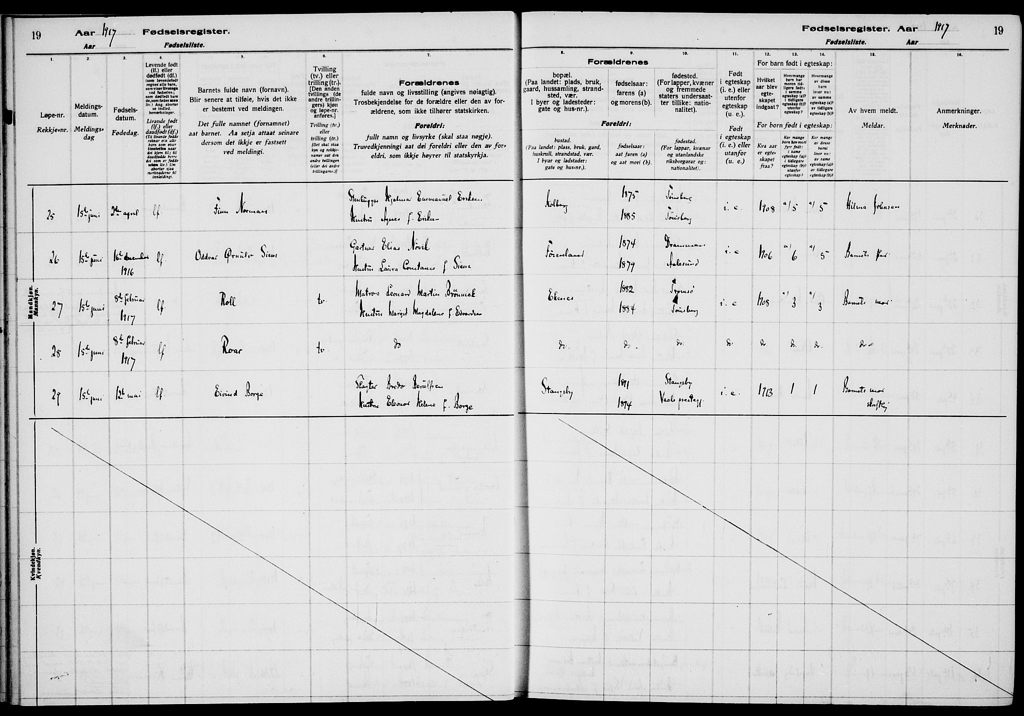 Nøtterøy kirkebøker, AV/SAKO-A-354/J/Ja/L0001: Fødselsregister nr. 1, 1916-1928, s. 19