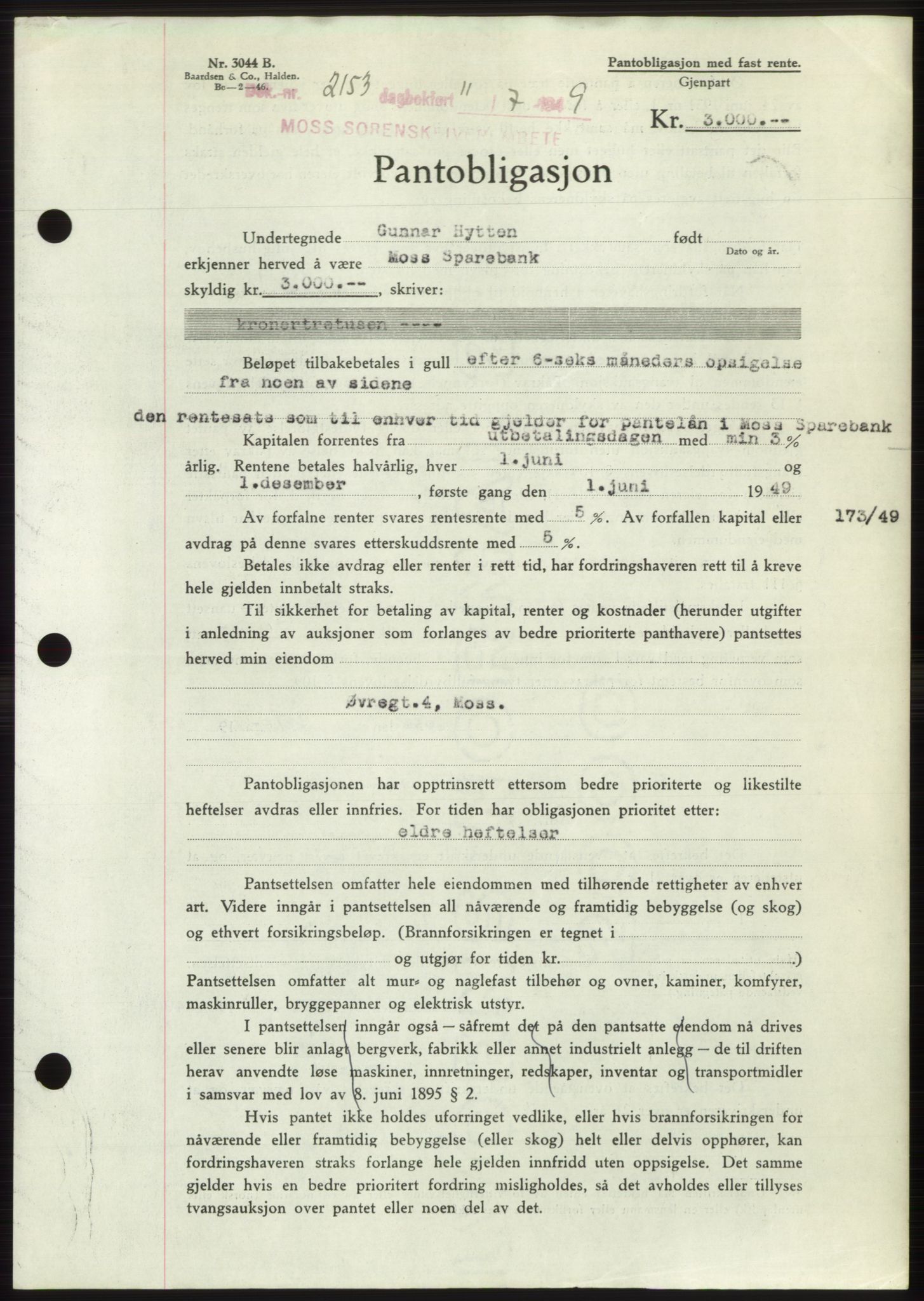 Moss sorenskriveri, SAO/A-10168: Pantebok nr. B22, 1949-1949, Dagboknr: 2153/1949