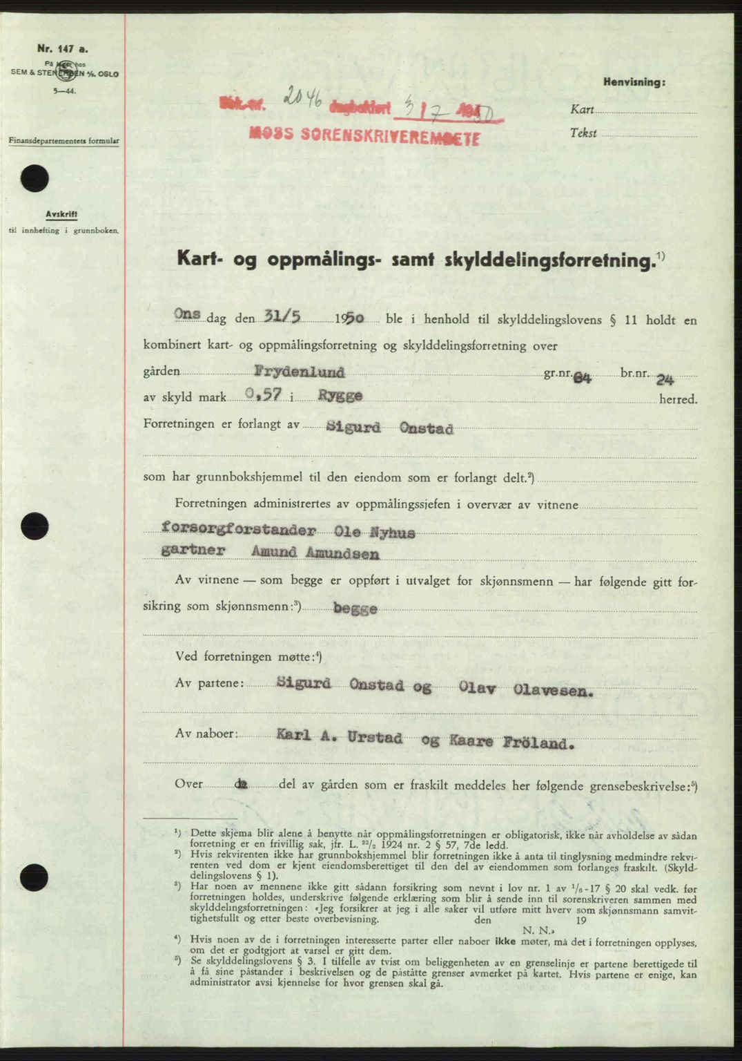 Moss sorenskriveri, SAO/A-10168: Pantebok nr. A26, 1950-1950, Dagboknr: 2046/1950