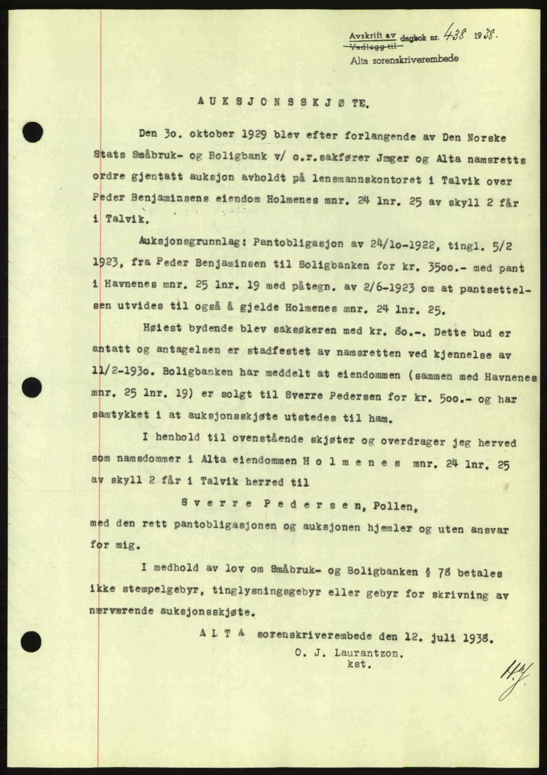 Alta fogderi/sorenskriveri, SATØ/SATØ-5/1/K/Kd/L0031pantebok: Pantebok nr. 31, 1938-1939, Dagboknr: 438/1938