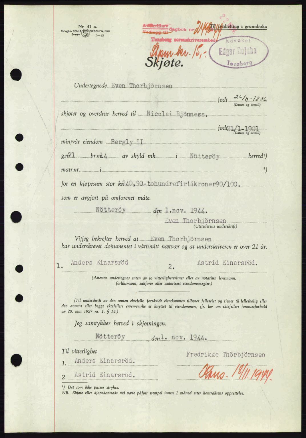 Tønsberg sorenskriveri, AV/SAKO-A-130/G/Ga/Gaa/L0016: Pantebok nr. A16, 1944-1945, Dagboknr: 2498/1944