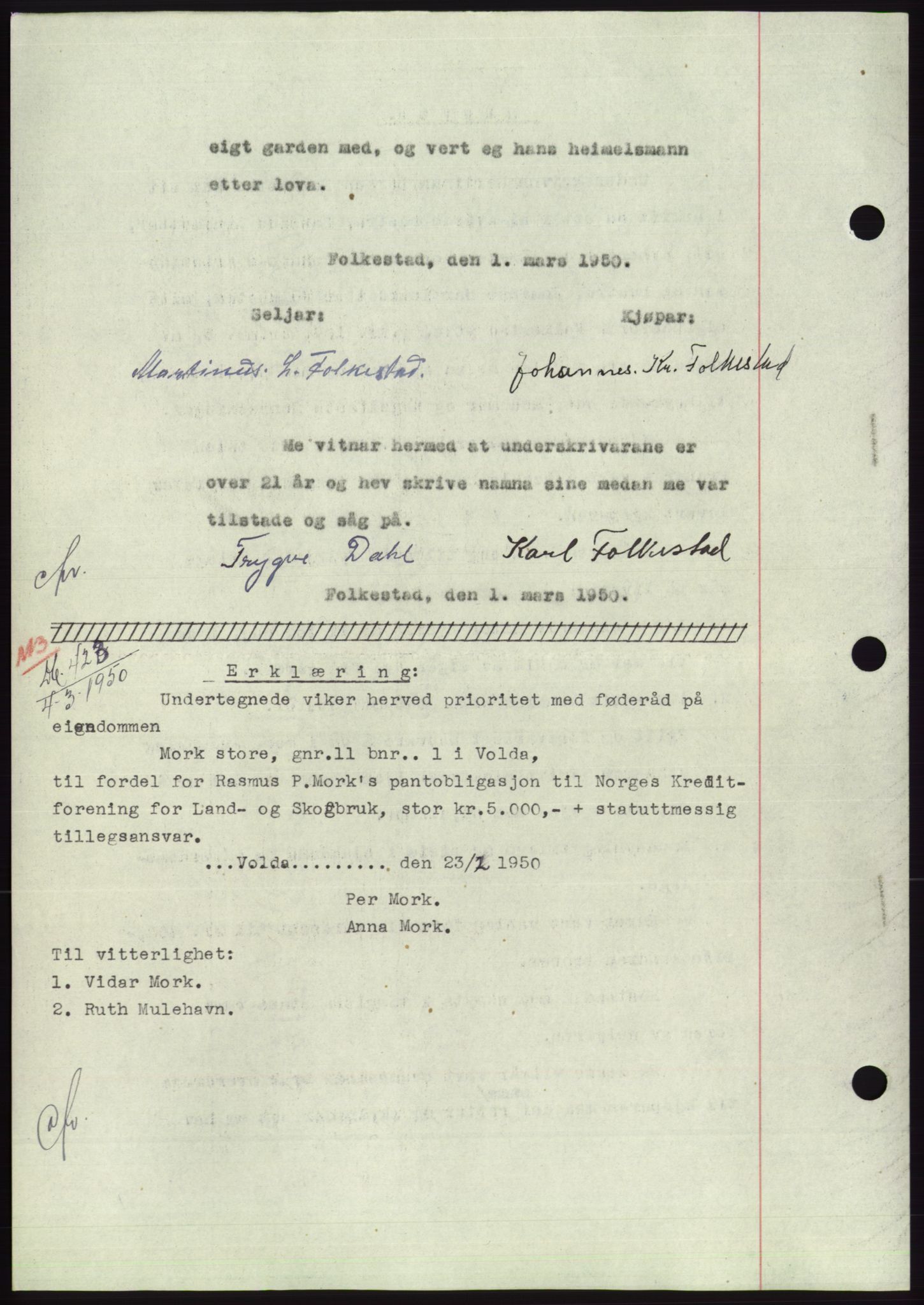 Søre Sunnmøre sorenskriveri, AV/SAT-A-4122/1/2/2C/L0086: Pantebok nr. 12A, 1949-1950, Dagboknr: 422/1950