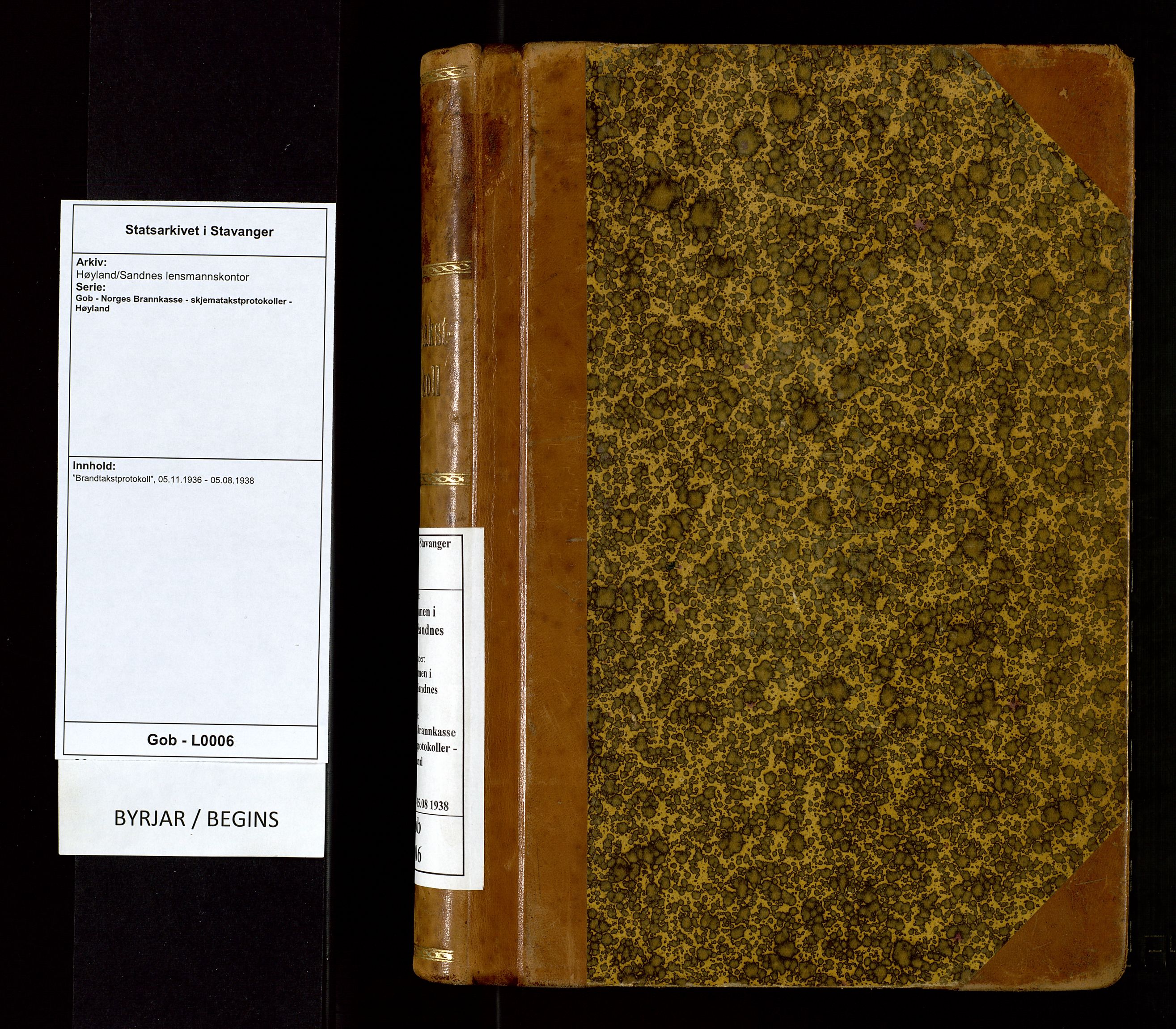 Høyland/Sandnes lensmannskontor, AV/SAST-A-100166/Gob/L0006: "Brandtakstprotokoll", 1936-1938