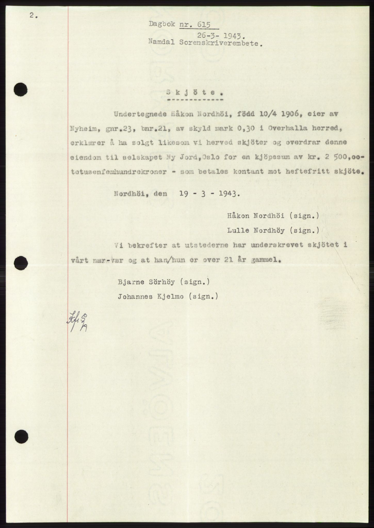 Namdal sorenskriveri, SAT/A-4133/1/2/2C: Pantebok nr. -, 1942-1943, Dagboknr: 615/1943