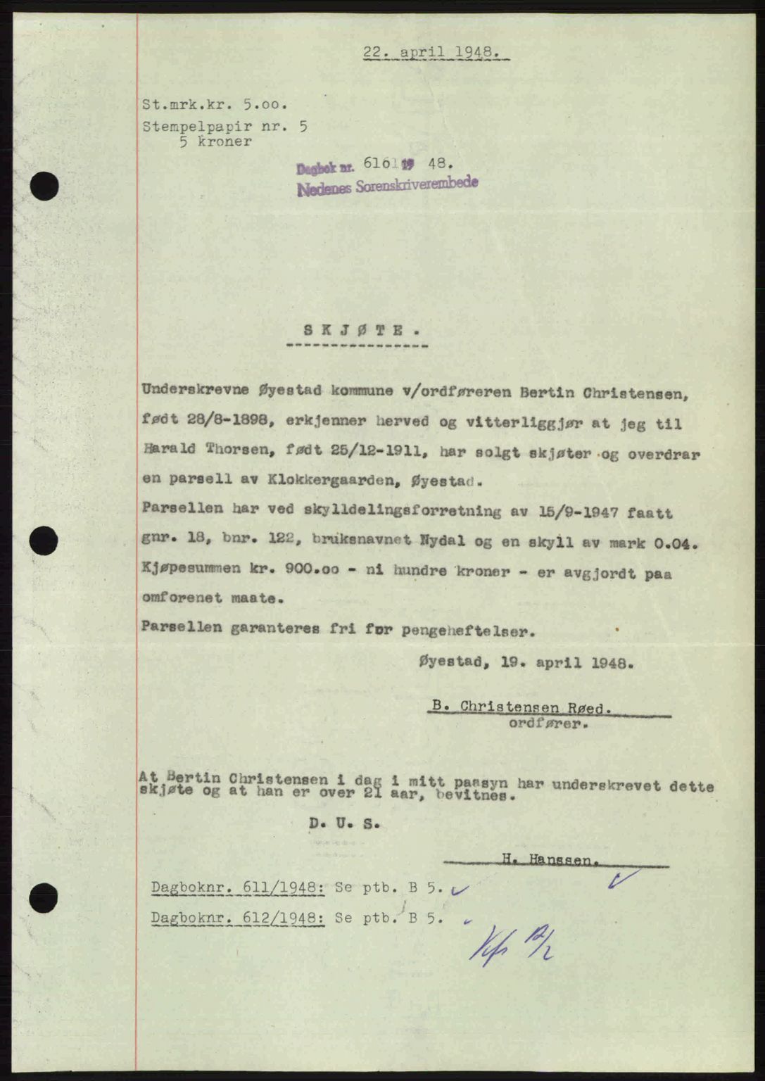 Nedenes sorenskriveri, SAK/1221-0006/G/Gb/Gba/L0059: Pantebok nr. A11, 1948-1948, Dagboknr: 610/1948