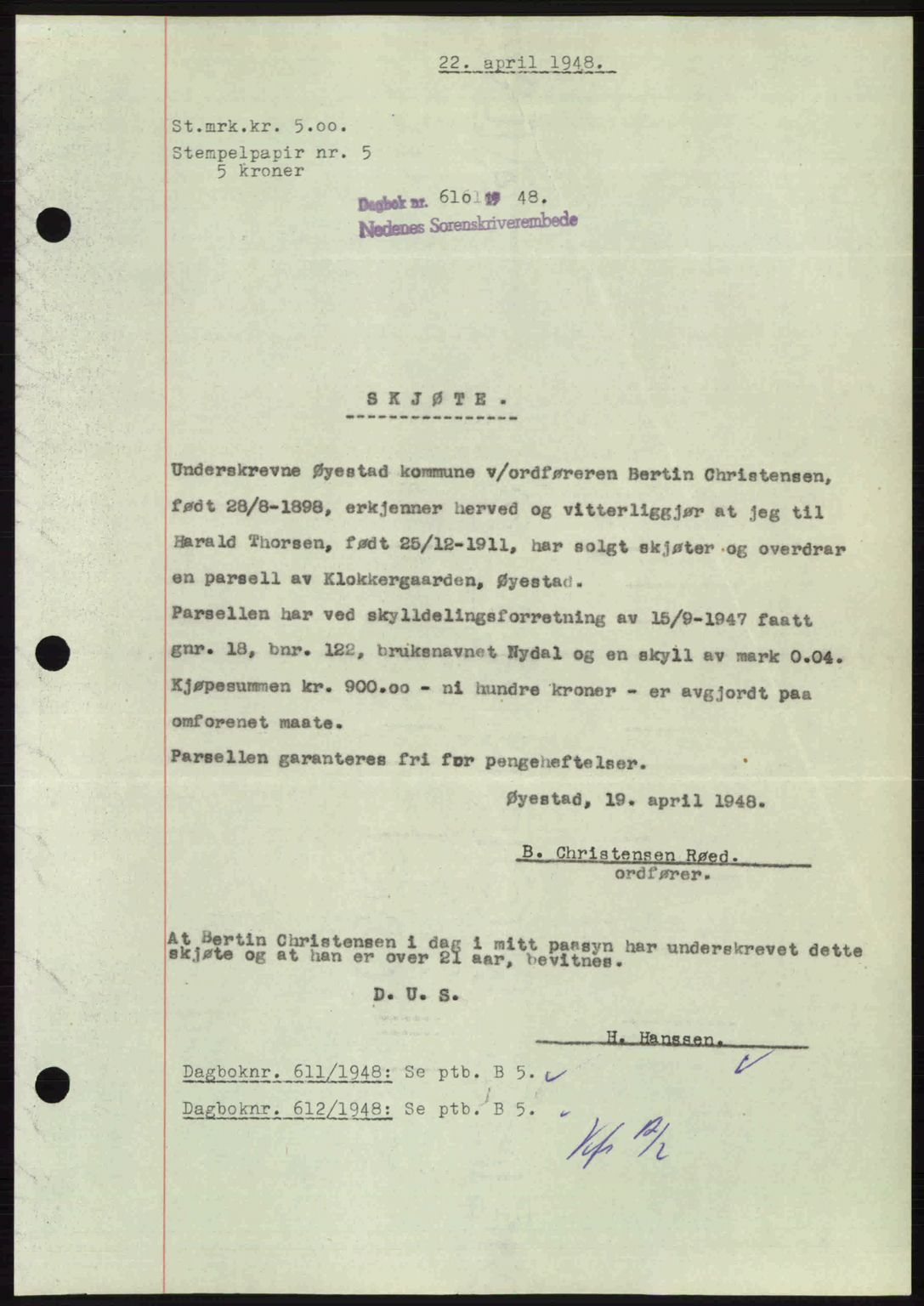 Nedenes sorenskriveri, AV/SAK-1221-0006/G/Gb/Gba/L0059: Pantebok nr. A11, 1948-1948, Dagboknr: 610/1948