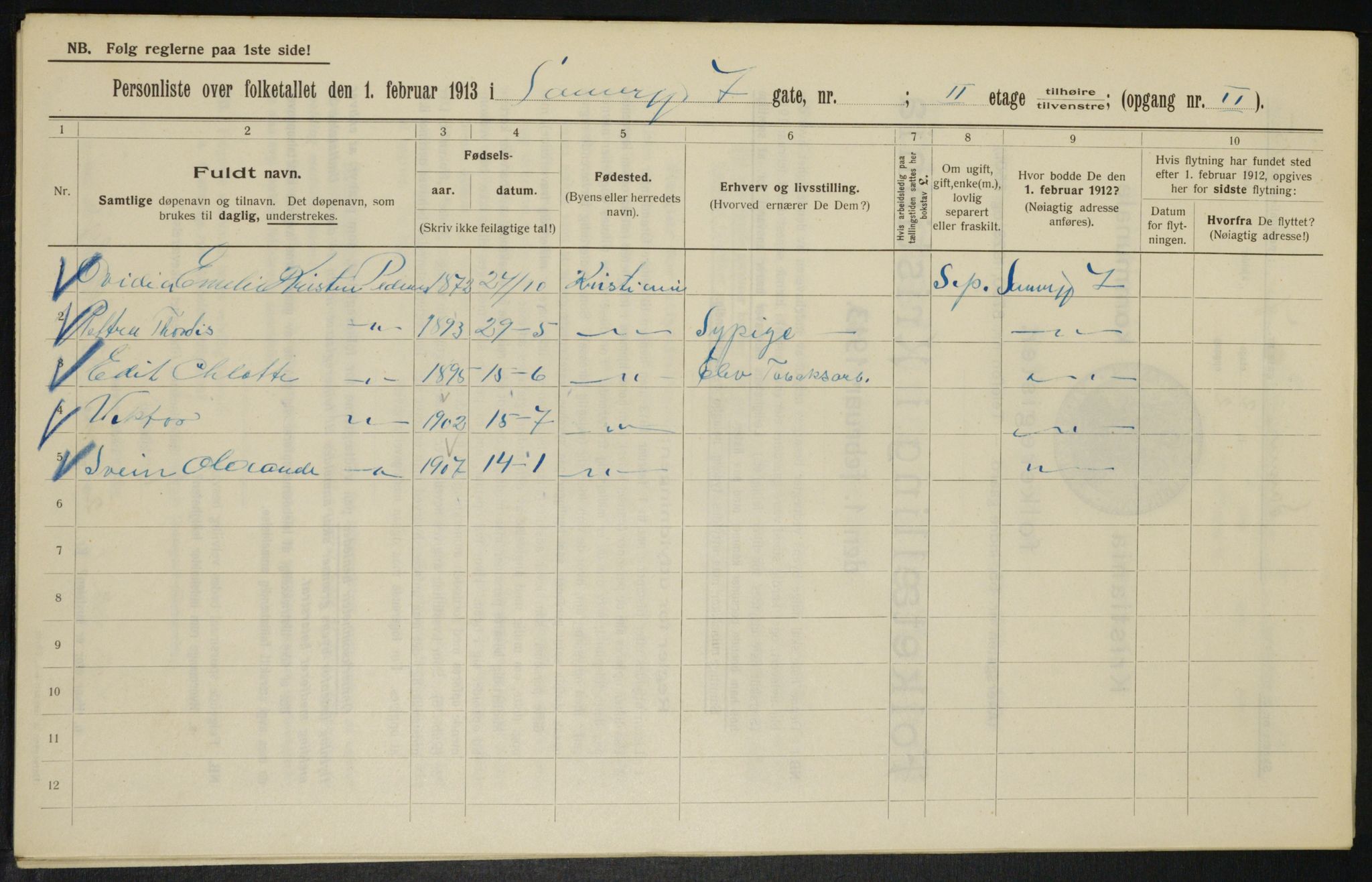 OBA, Kommunal folketelling 1.2.1913 for Kristiania, 1913, s. 88486