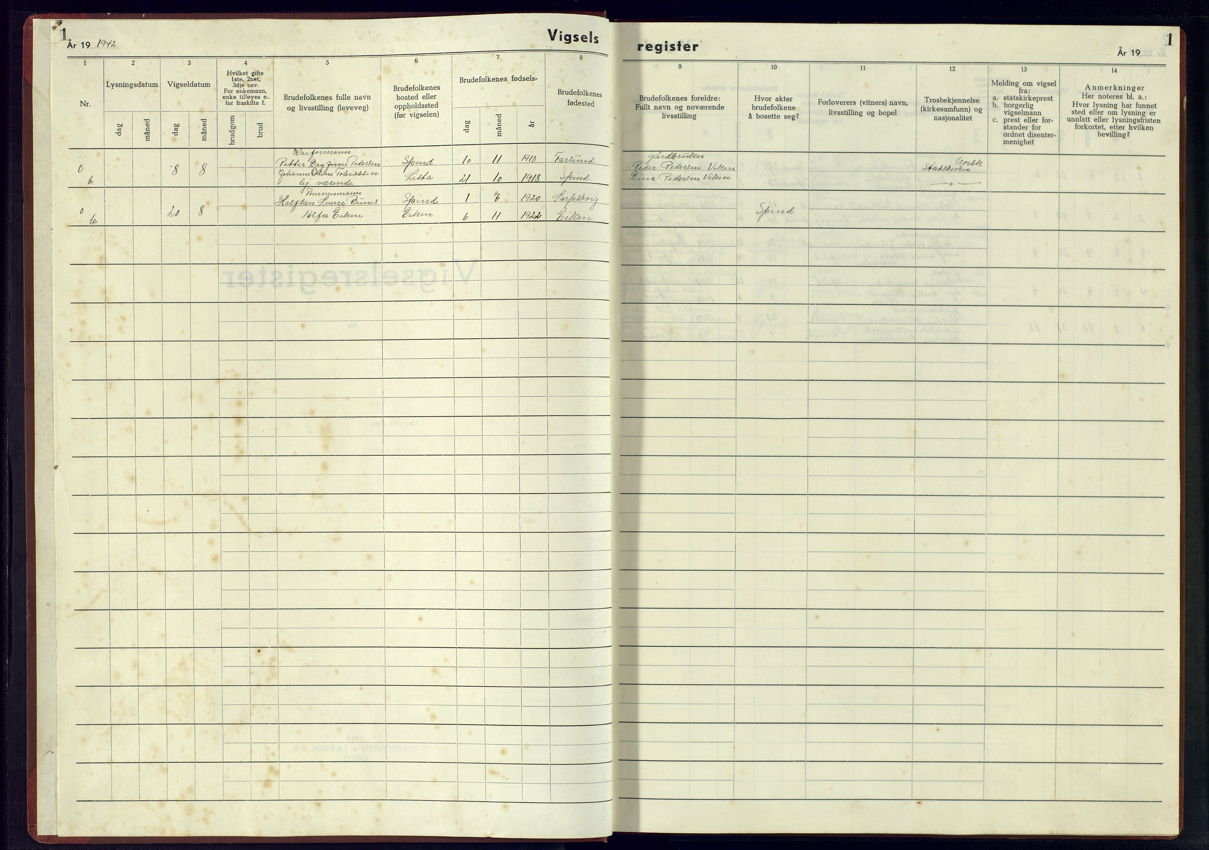 Herad sokneprestkontor, SAK/1111-0018/J/Jb/L0004: Vigselsregister nr. A-VI-5, 1942-1945, s. 1