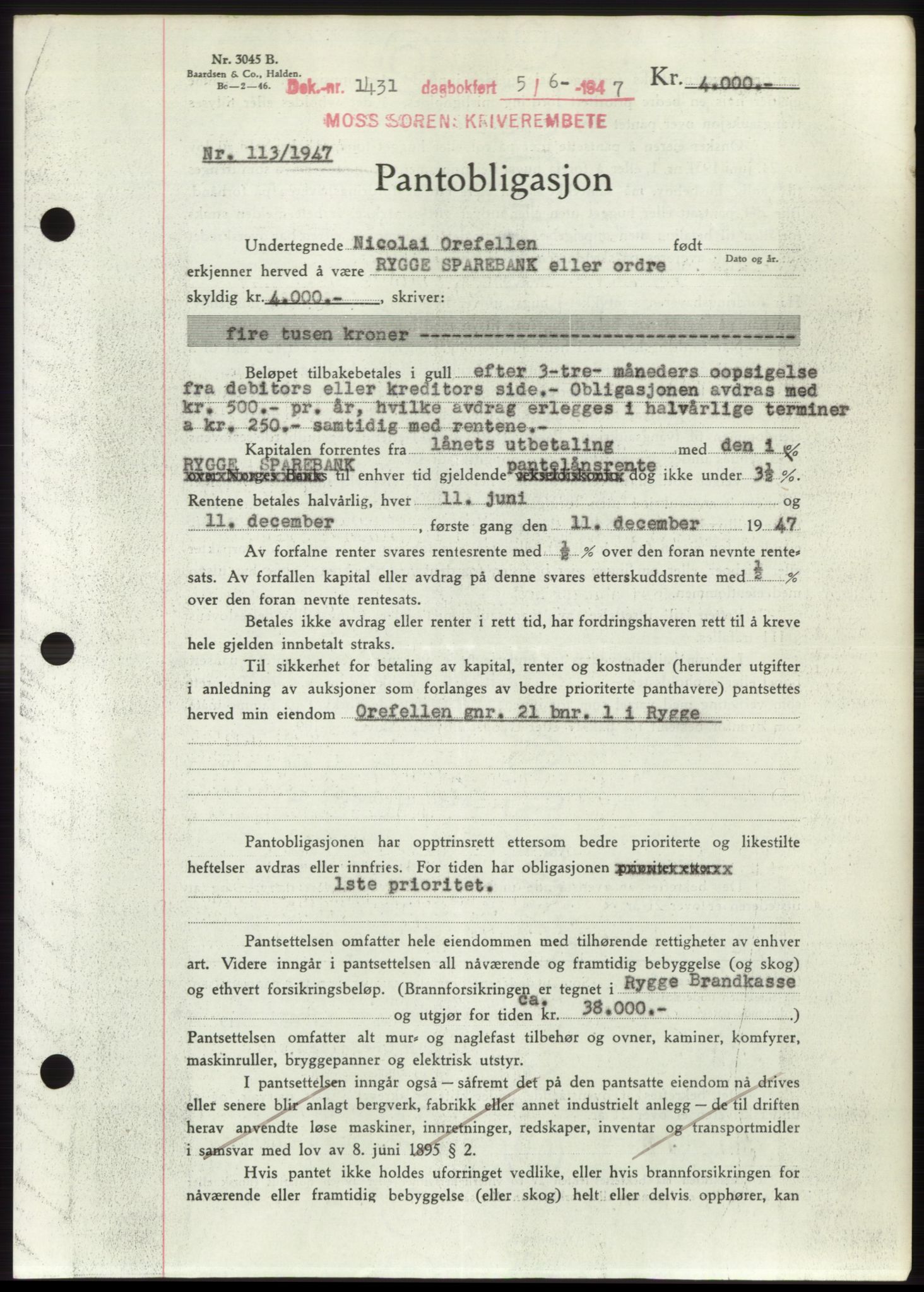 Moss sorenskriveri, SAO/A-10168: Pantebok nr. B17, 1947-1947, Dagboknr: 1431/1947