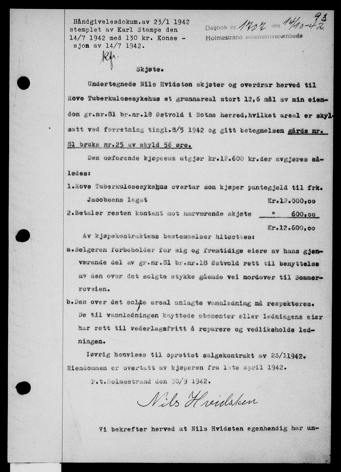 Holmestrand sorenskriveri, SAKO/A-67/G/Ga/Gaa/L0056: Pantebok nr. A-56, 1942-1943, Dagboknr: 1707/1942