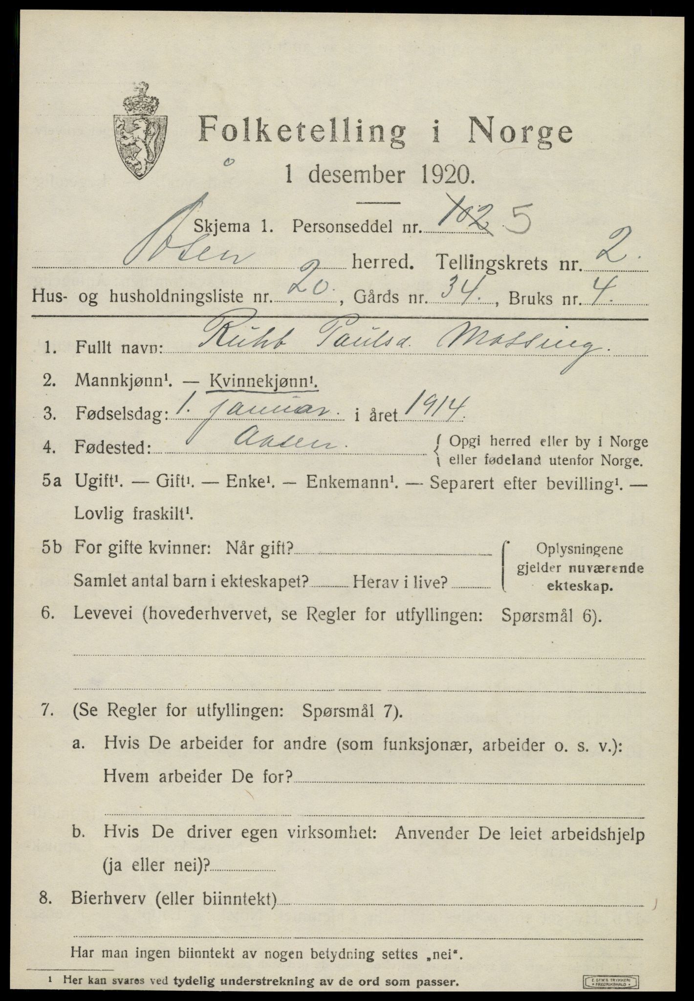 SAT, Folketelling 1920 for 1716 Åsen herred, 1920, s. 1910