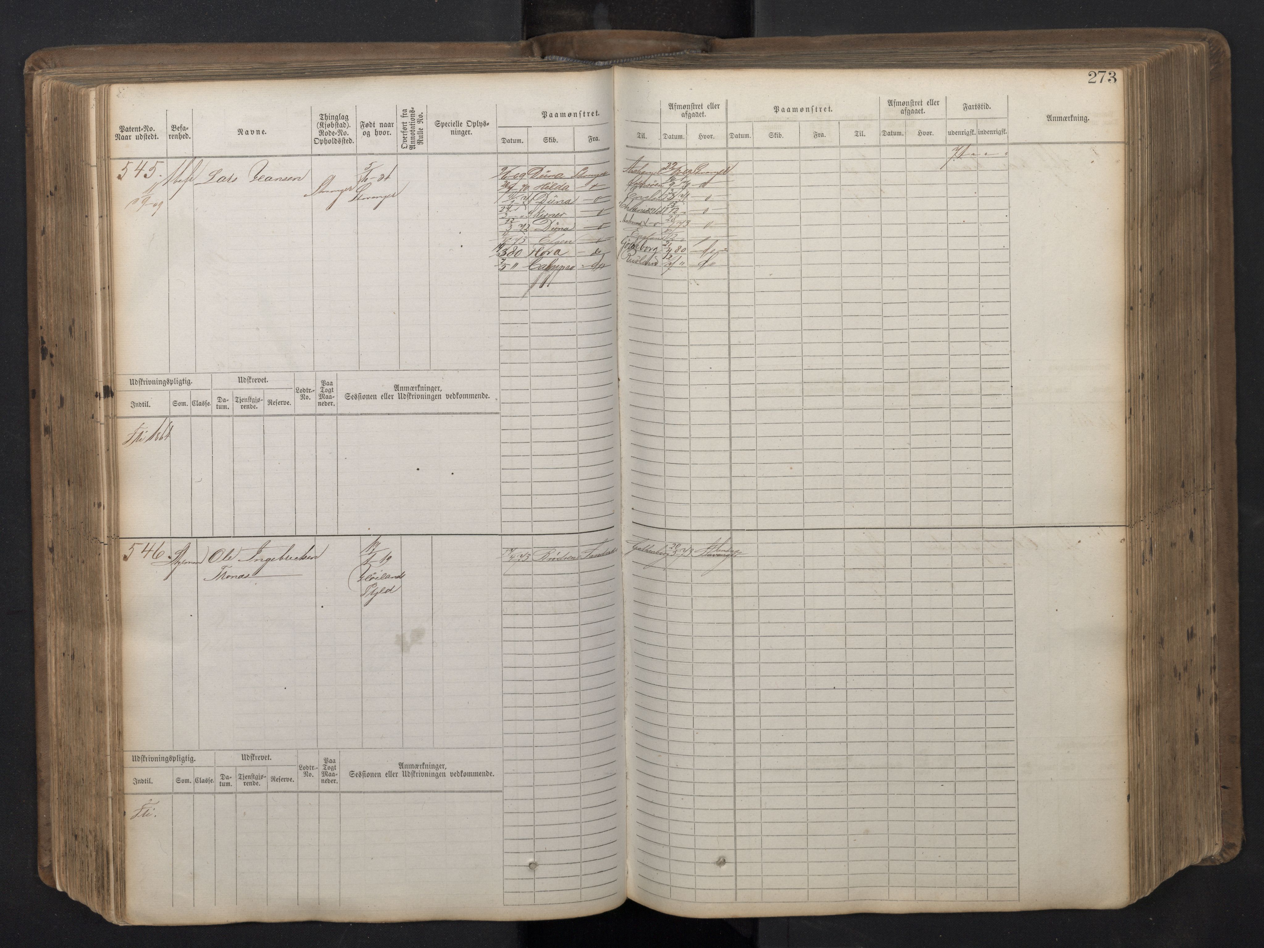 Stavanger sjømannskontor, SAST/A-102006/F/Fb/Fbb/L0016: Sjøfartshovedrulle patnentnr. 1-1202 (dublett), 1869, s. 273