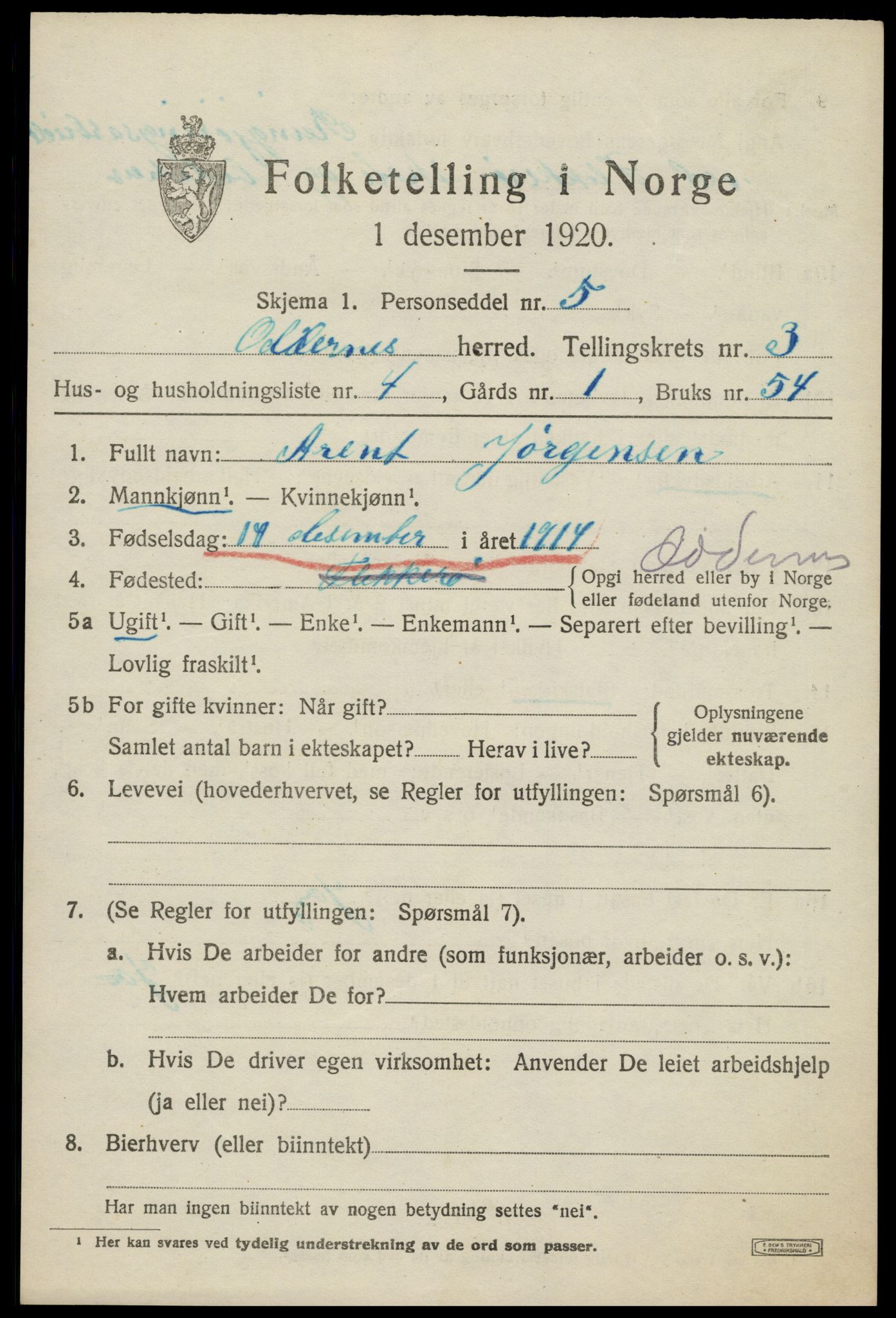 SAK, Folketelling 1920 for 1012 Oddernes herred, 1920, s. 3391