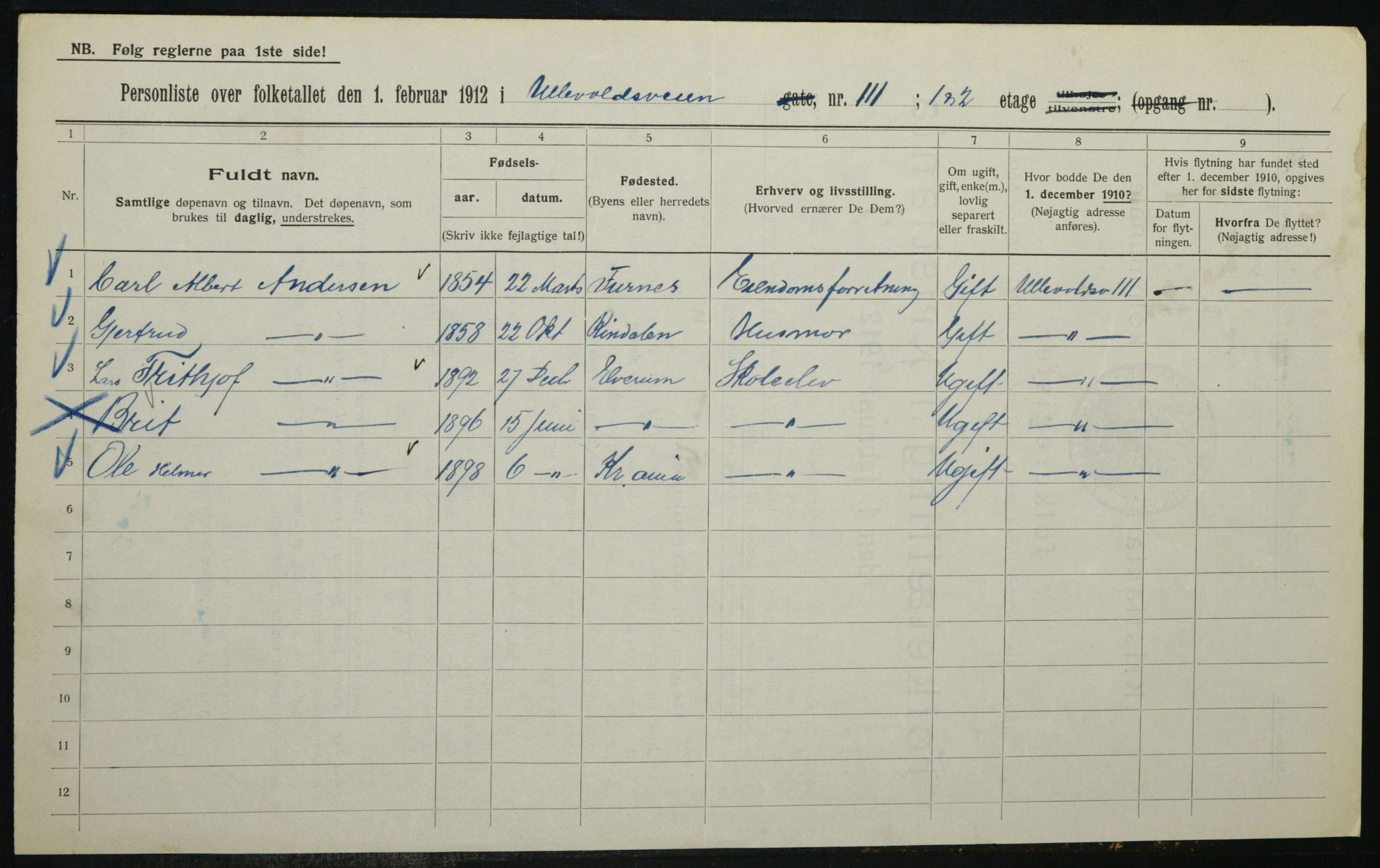 OBA, Kommunal folketelling 1.2.1912 for Kristiania, 1912, s. 119720