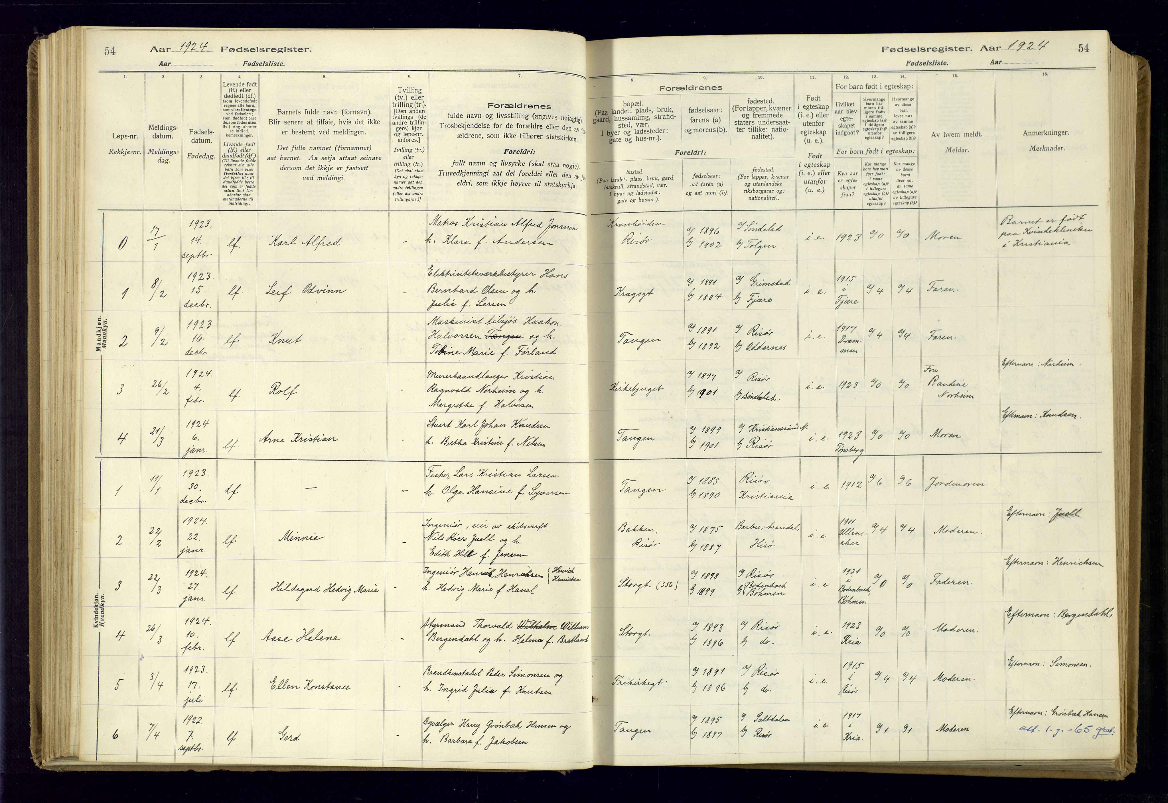 Risør sokneprestkontor, AV/SAK-1111-0035/J/Ja/L0001: Fødselsregister nr. A-VI-13, 1916-1947, s. 54