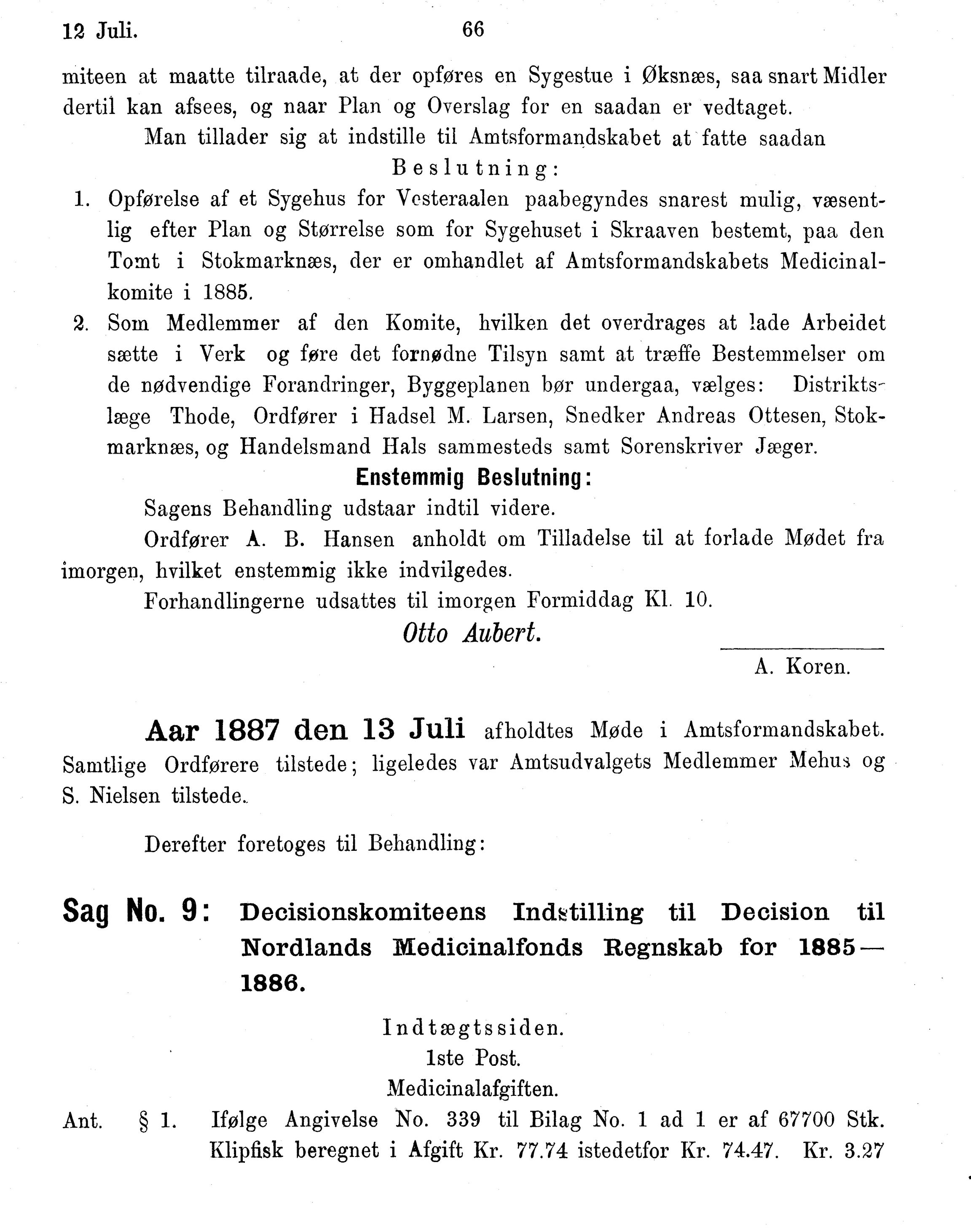 Nordland Fylkeskommune. Fylkestinget, AIN/NFK-17/176/A/Ac/L0015: Fylkestingsforhandlinger 1886-1890, 1886-1890, s. 66