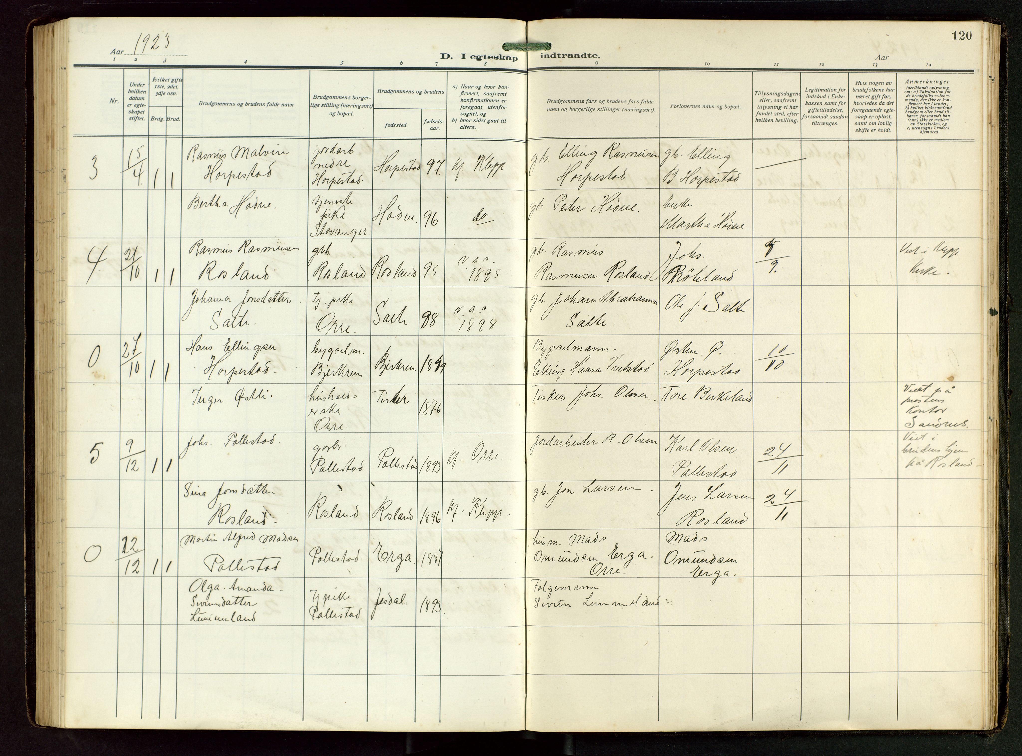 Klepp sokneprestkontor, AV/SAST-A-101803/001/3/30BB/L0008: Klokkerbok nr. B 8, 1918-1949, s. 120