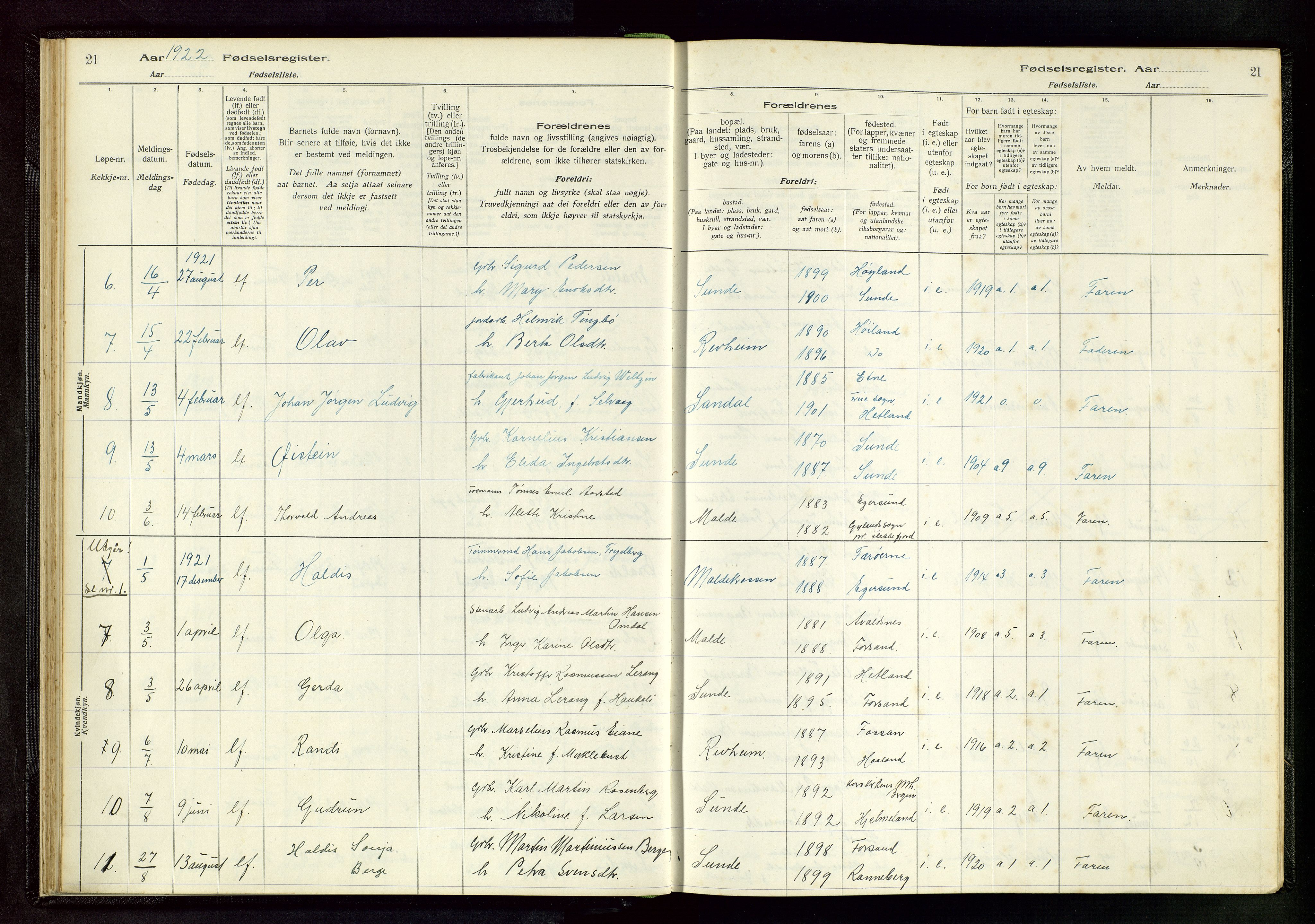 Håland sokneprestkontor, AV/SAST-A-101802/002/A/L0005: Fødselsregister nr. 5, 1916-1957, s. 21