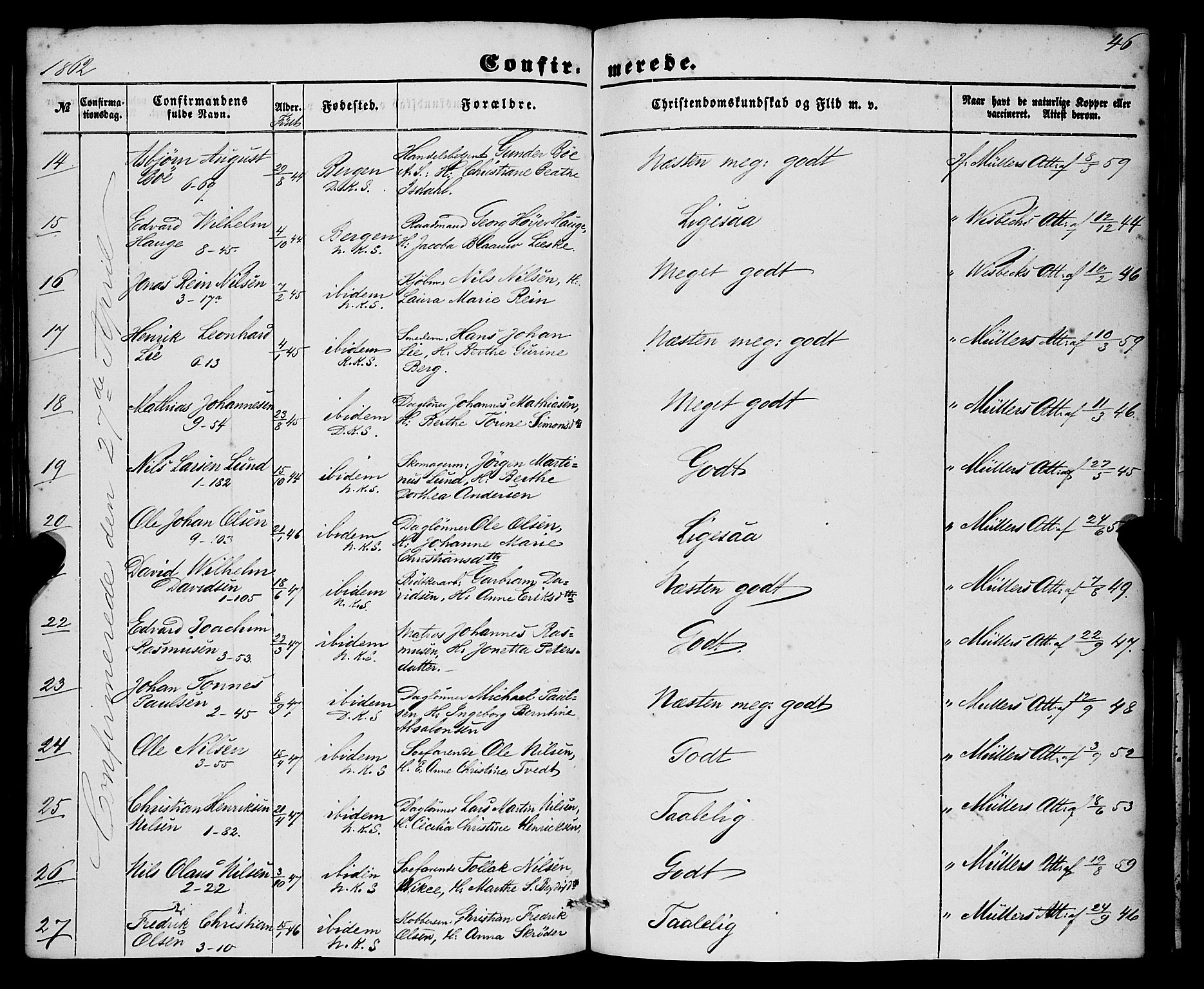 Nykirken Sokneprestembete, SAB/A-77101/H/Haa/L0023: Ministerialbok nr. C 2, 1851-1863, s. 46