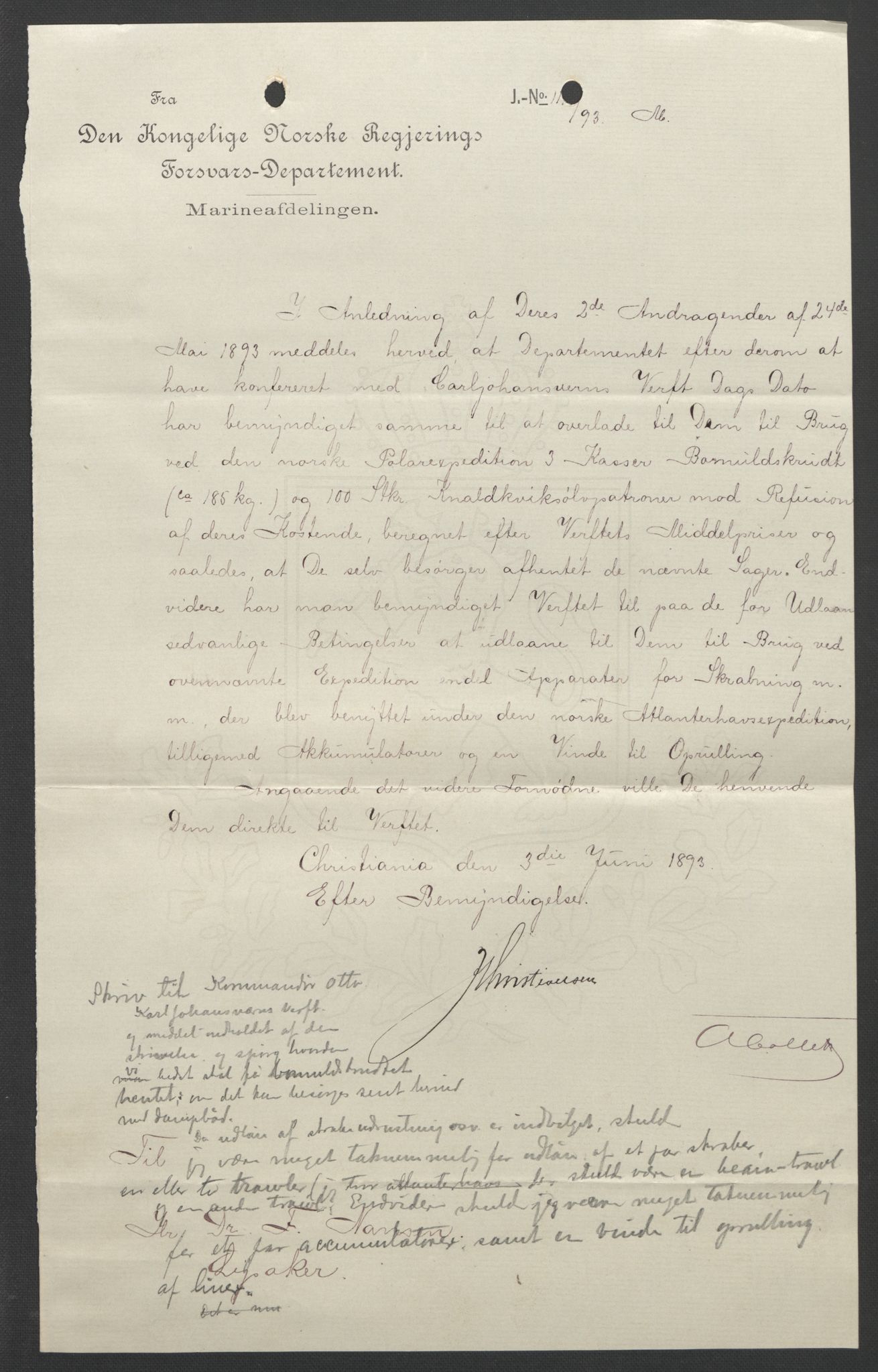 Arbeidskomitéen for Fridtjof Nansens polarekspedisjon, AV/RA-PA-0061/D/L0003/0002: Innk. brev og telegrammer vedr. proviant og utrustning / Utrustningen m.m. - korrespondanse, 1893, s. 170