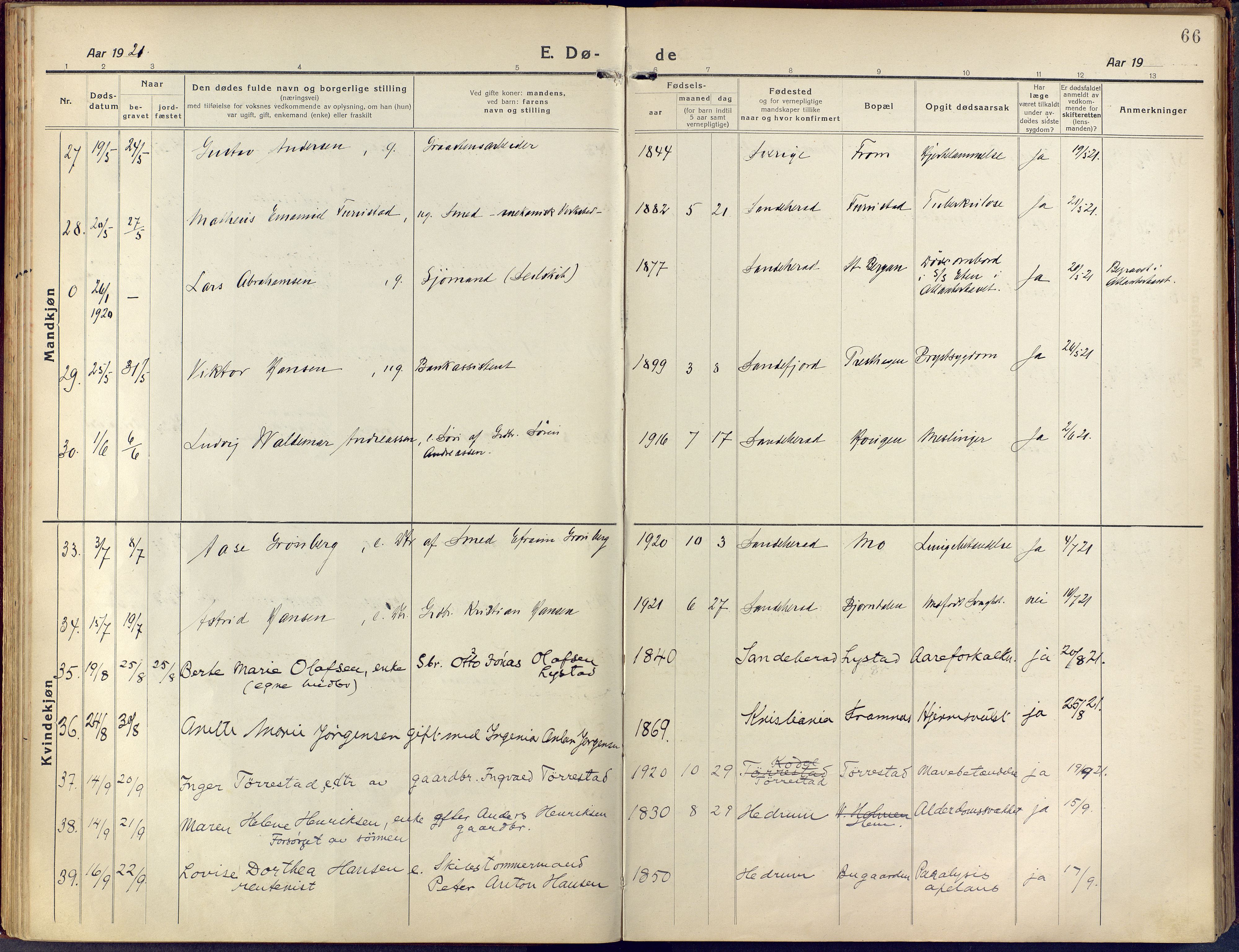 Sandar kirkebøker, AV/SAKO-A-243/F/Fa/L0021: Ministerialbok nr. 21, 1919-1925, s. 66