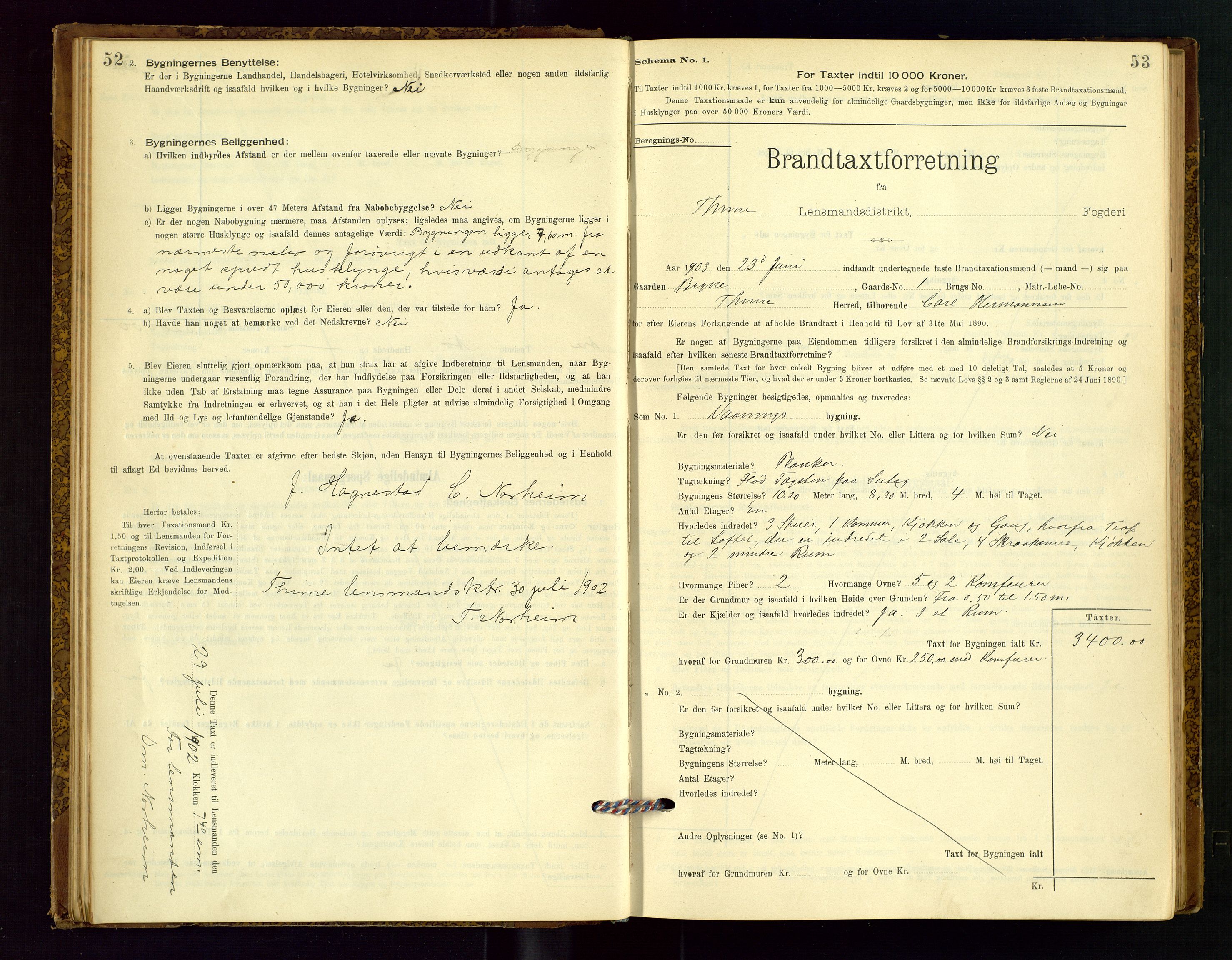 Time lensmannskontor, SAST/A-100420/Gob/L0001: Branntakstprotokoll, 1896-1914, s. 52-53