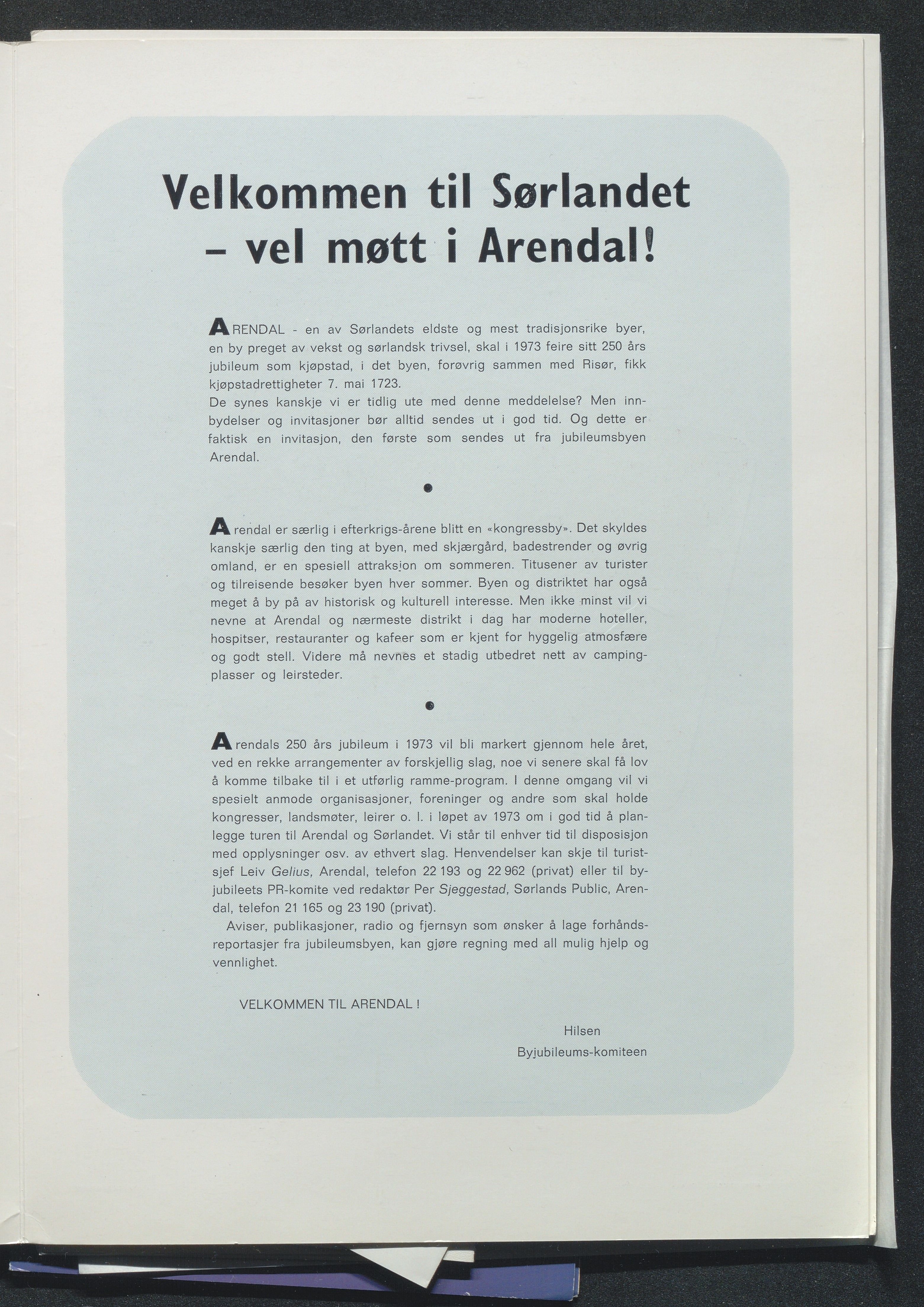 Byjubileet i Arendal 1973 , AAKS/KA0906-492a/E/E01/L0001: Generelt, 1969-1983