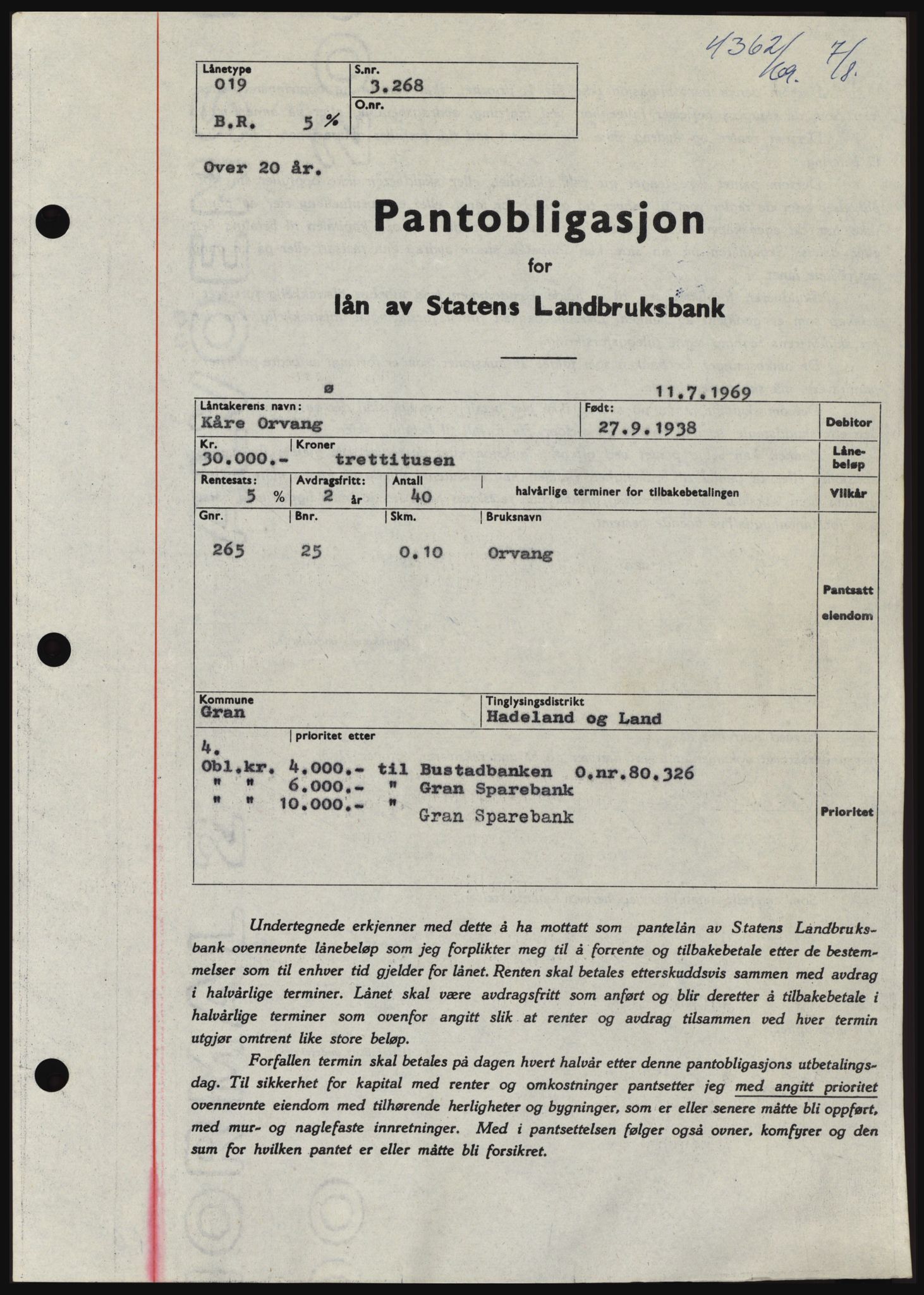 Hadeland og Land tingrett, SAH/TING-010/H/Hb/Hbc/L0074: Pantebok nr. B74, 1969-1969, Dagboknr: 4362/1969