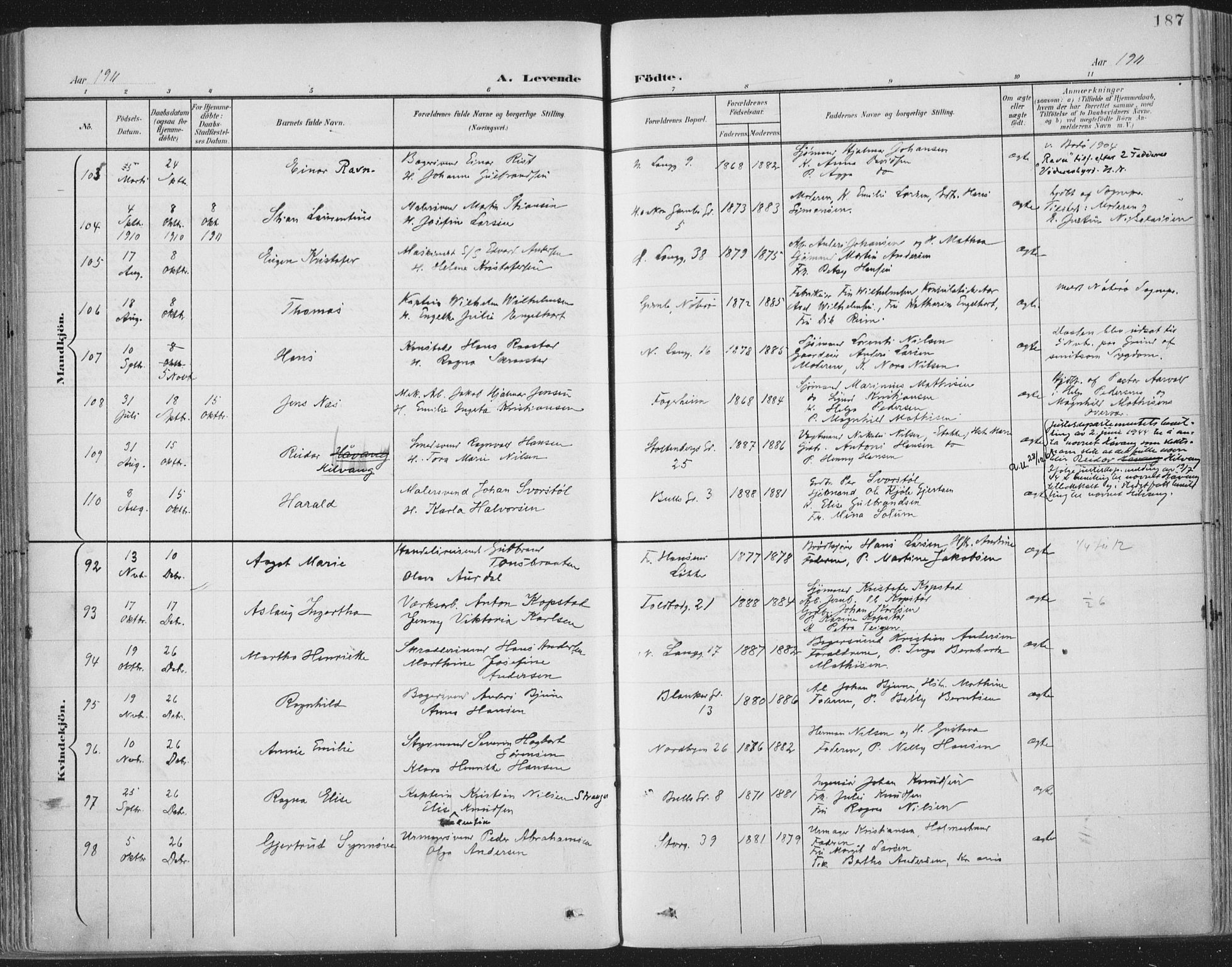 Tønsberg kirkebøker, AV/SAKO-A-330/F/Fa/L0014: Ministerialbok nr. I 14, 1900-1913, s. 187