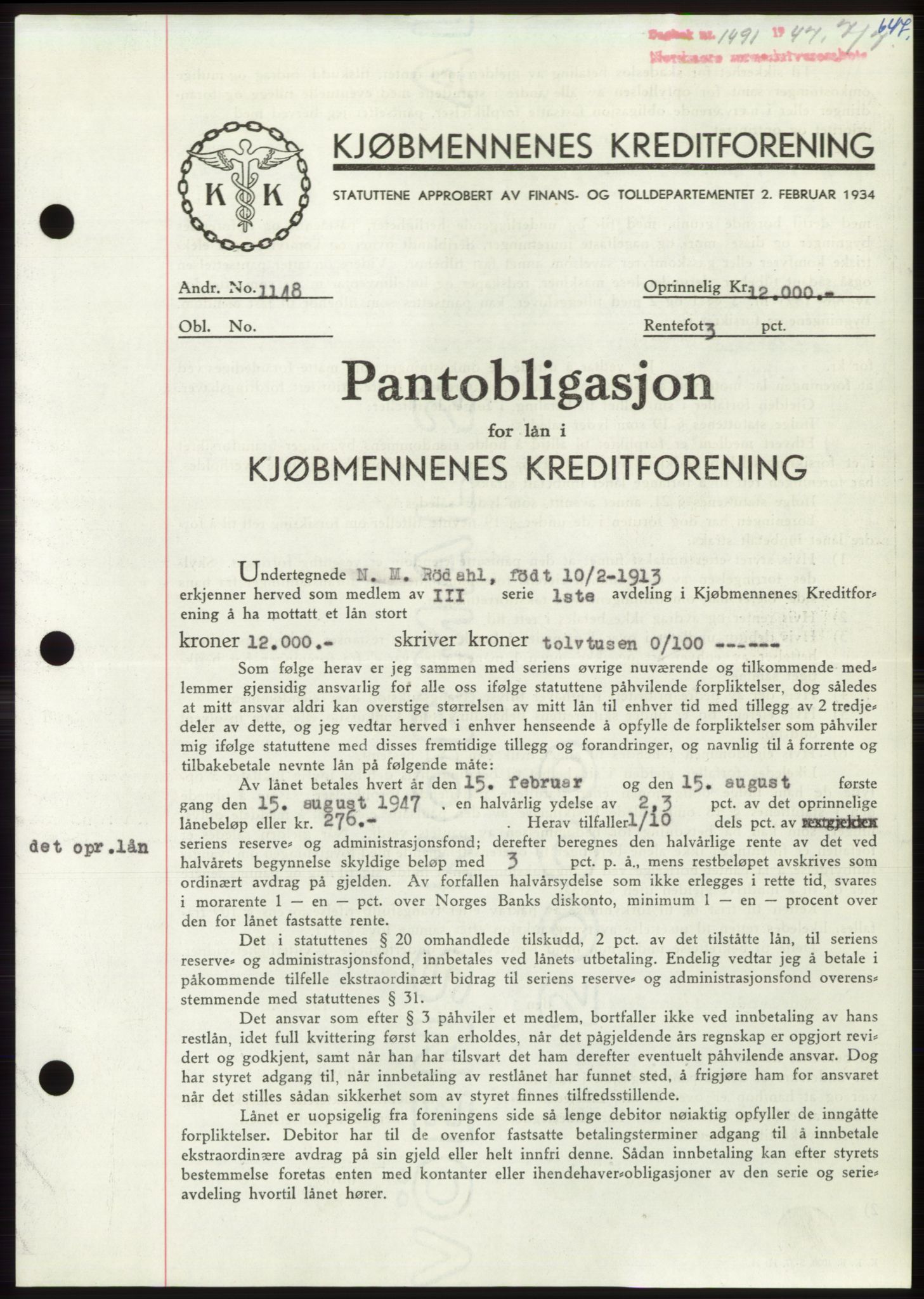 Nordmøre sorenskriveri, SAT/A-4132/1/2/2Ca: Pantebok nr. B96, 1947-1947, Dagboknr: 1491/1947