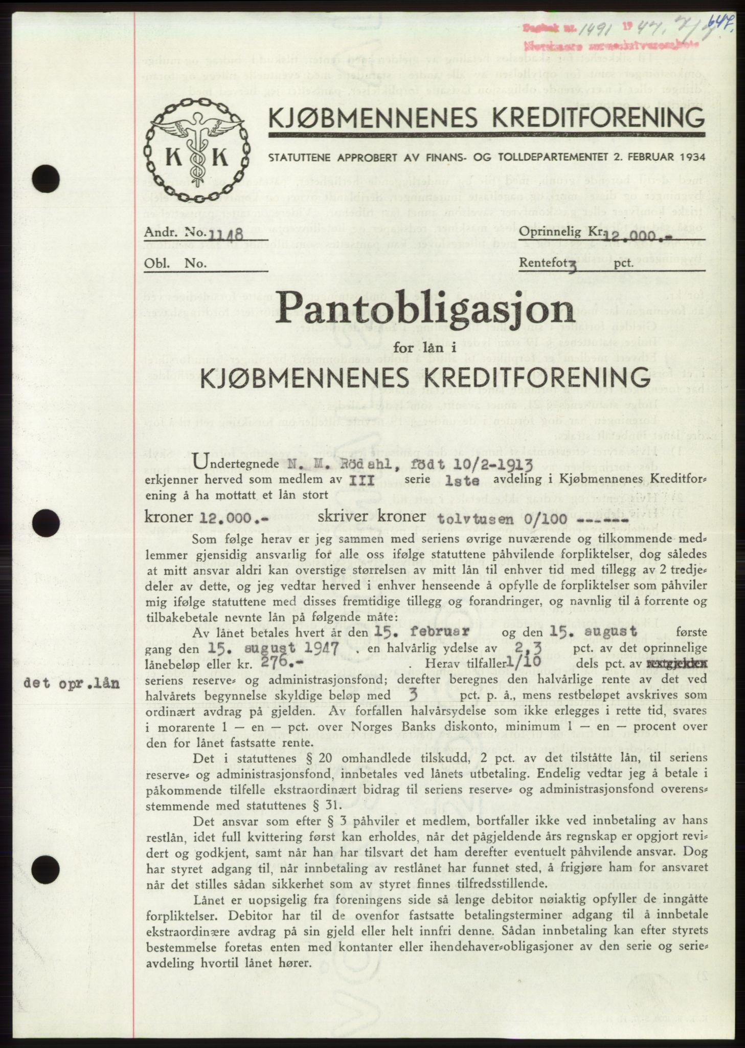 Nordmøre sorenskriveri, AV/SAT-A-4132/1/2/2Ca: Pantebok nr. B96, 1947-1947, Dagboknr: 1491/1947