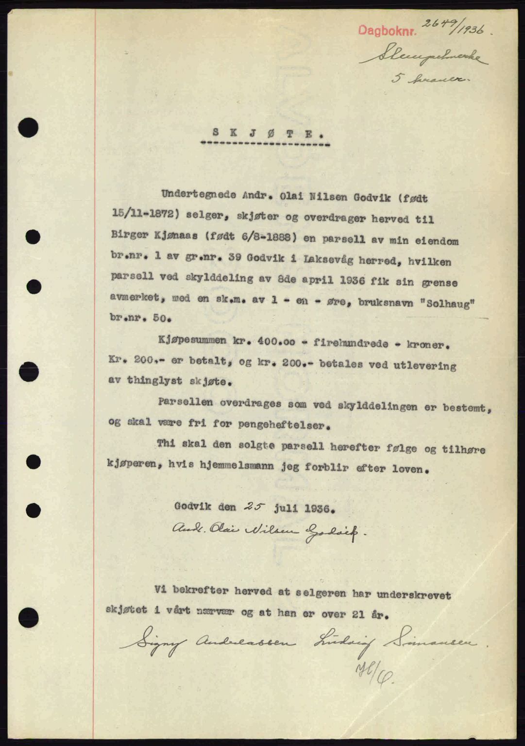Midhordland sorenskriveri, SAB/A-3001/1/G/Gb/Gbk/L0001: Pantebok nr. A1-6, 1936-1937, Dagboknr: 2649/1936