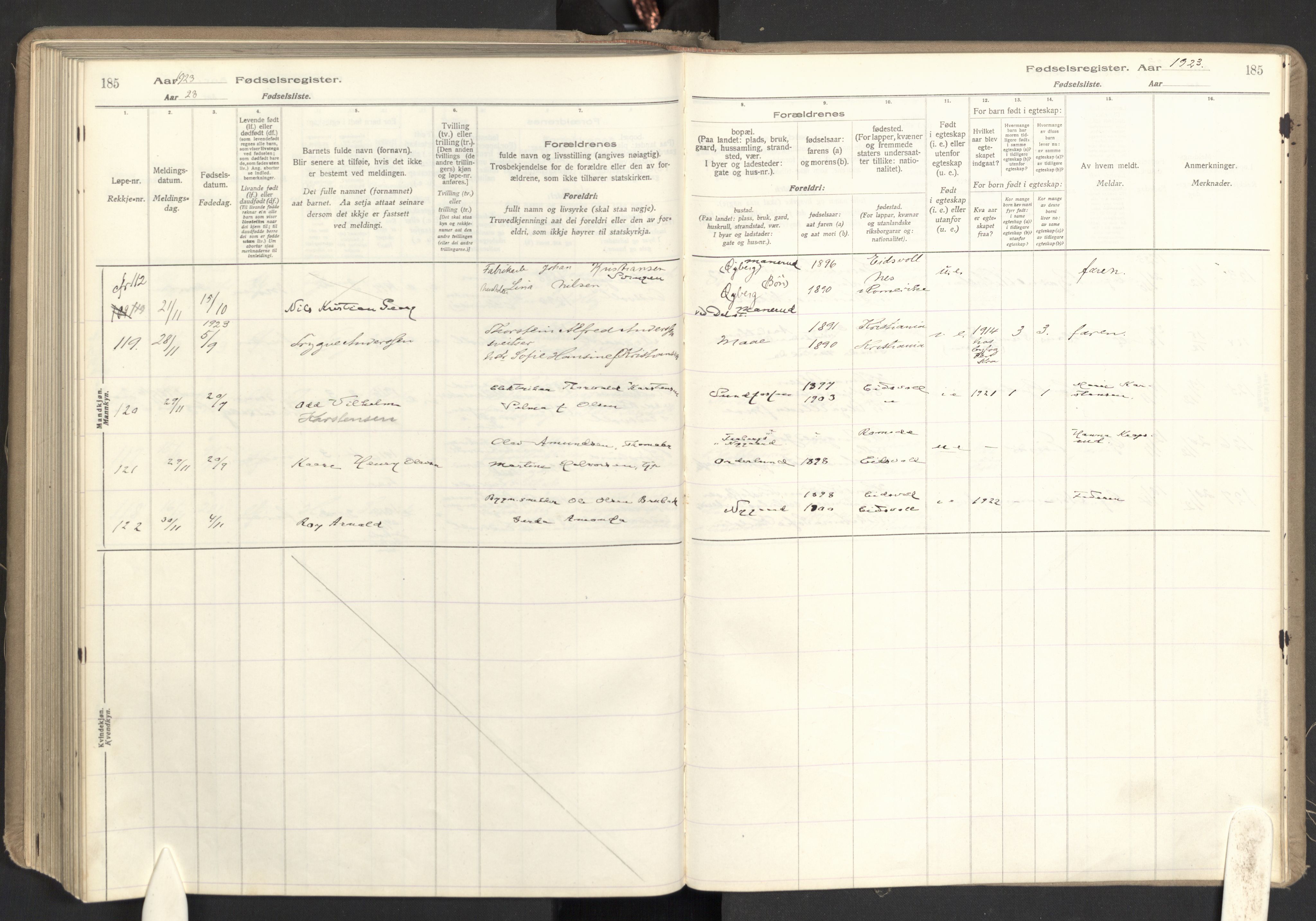 Eidsvoll prestekontor Kirkebøker, AV/SAO-A-10888/J/Ja/L0001: Fødselsregister nr. I 1, 1916-1924, s. 185