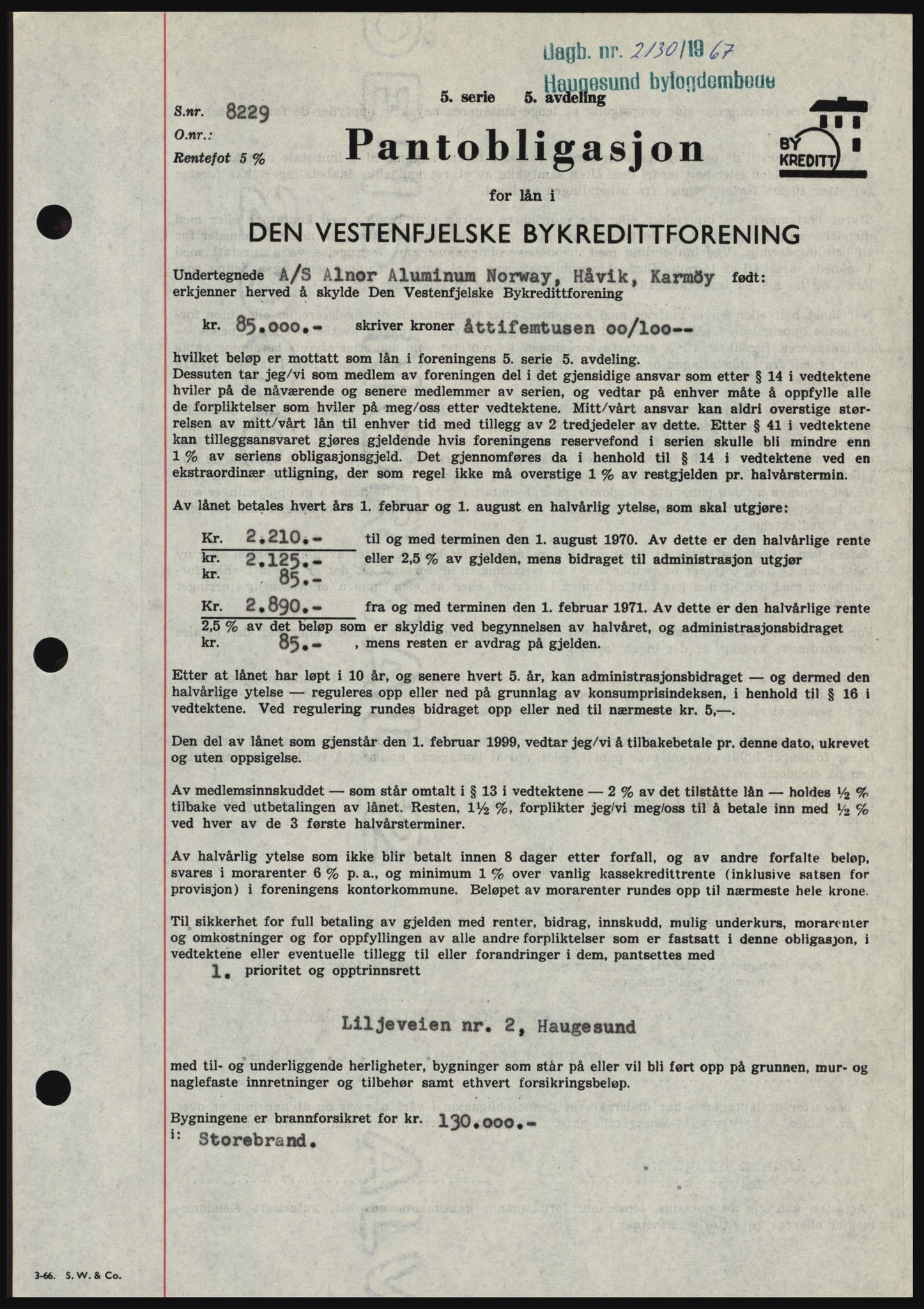 Haugesund tingrett, SAST/A-101415/01/II/IIC/L0057: Pantebok nr. B 57, 1967-1967, Dagboknr: 2130/1967