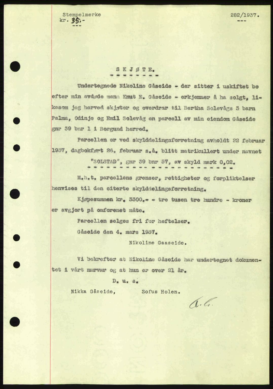 Nordre Sunnmøre sorenskriveri, SAT/A-0006/1/2/2C/2Ca: Pantebok nr. A2, 1936-1937, Dagboknr: 282/1937