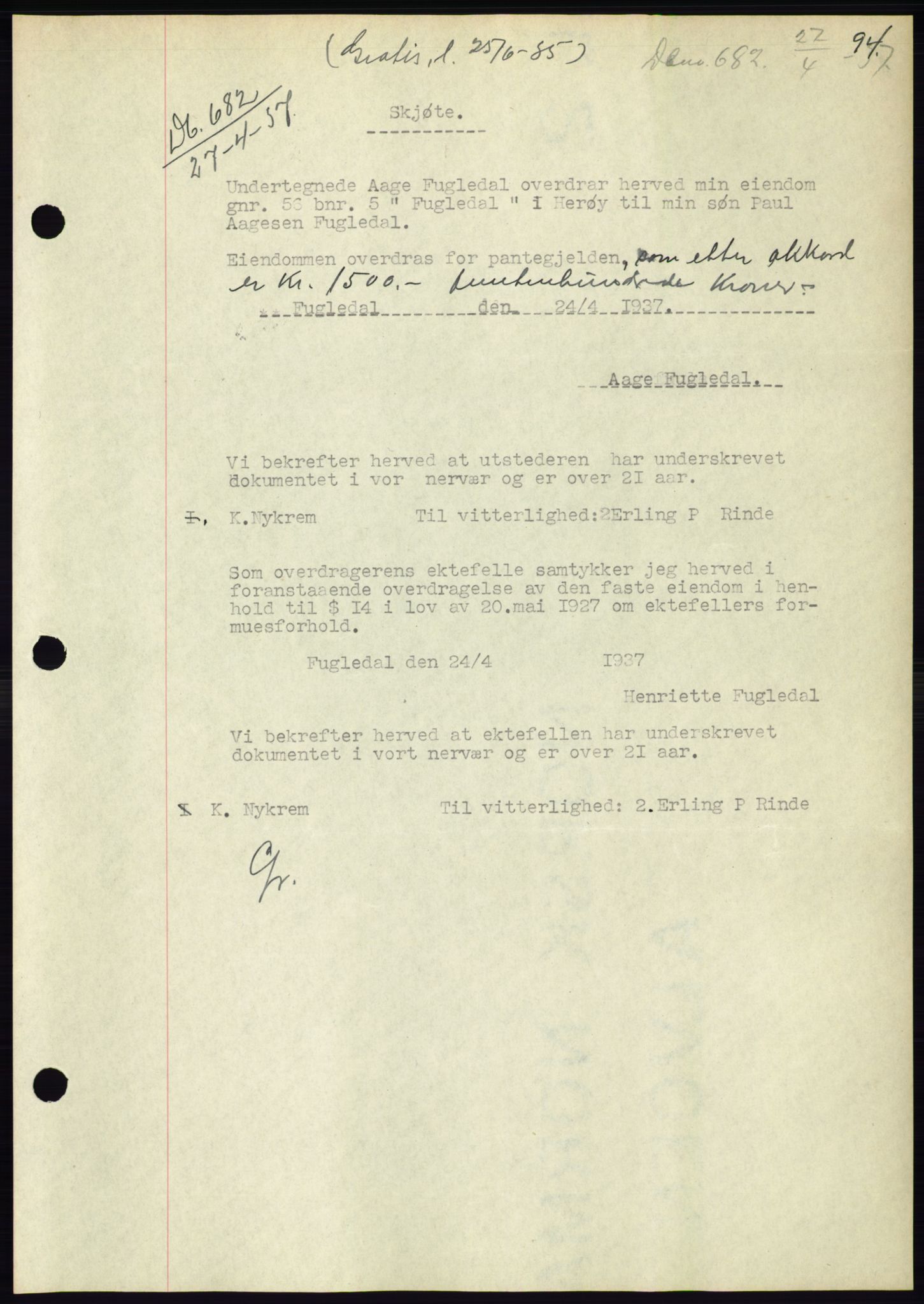 Søre Sunnmøre sorenskriveri, AV/SAT-A-4122/1/2/2C/L0063: Pantebok nr. 57, 1937-1937, Dagboknr: 682/1937