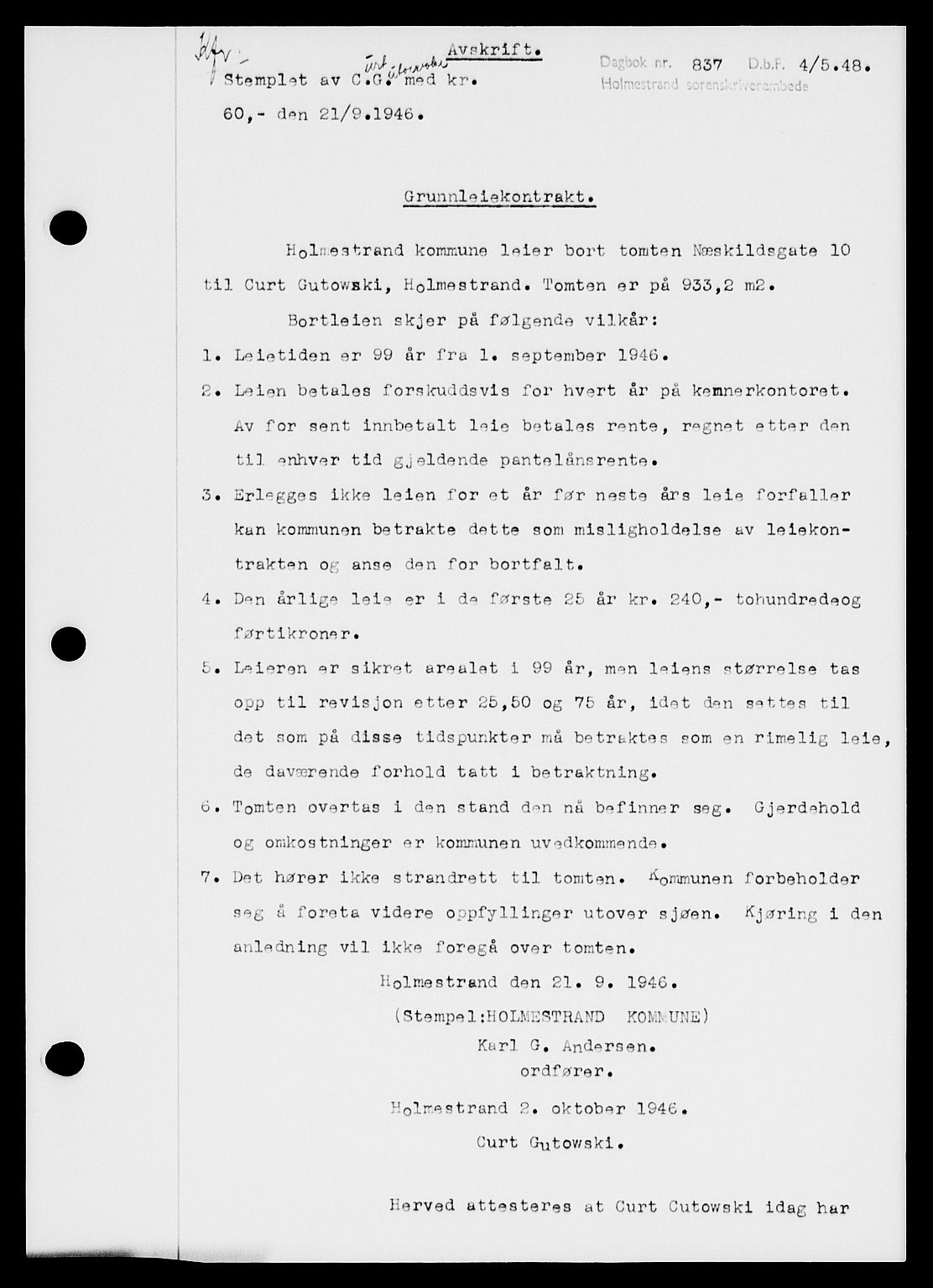 Holmestrand sorenskriveri, SAKO/A-67/G/Ga/Gaa/L0064: Pantebok nr. A-64, 1948-1948, Dagboknr: 837/1948