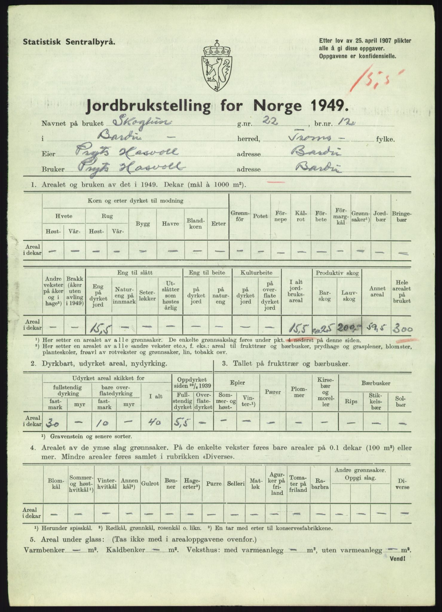Statistisk sentralbyrå, Næringsøkonomiske emner, Jordbruk, skogbruk, jakt, fiske og fangst, AV/RA-S-2234/G/Gc/L0438: Troms: Salangen og Bardu, 1949, s. 1033